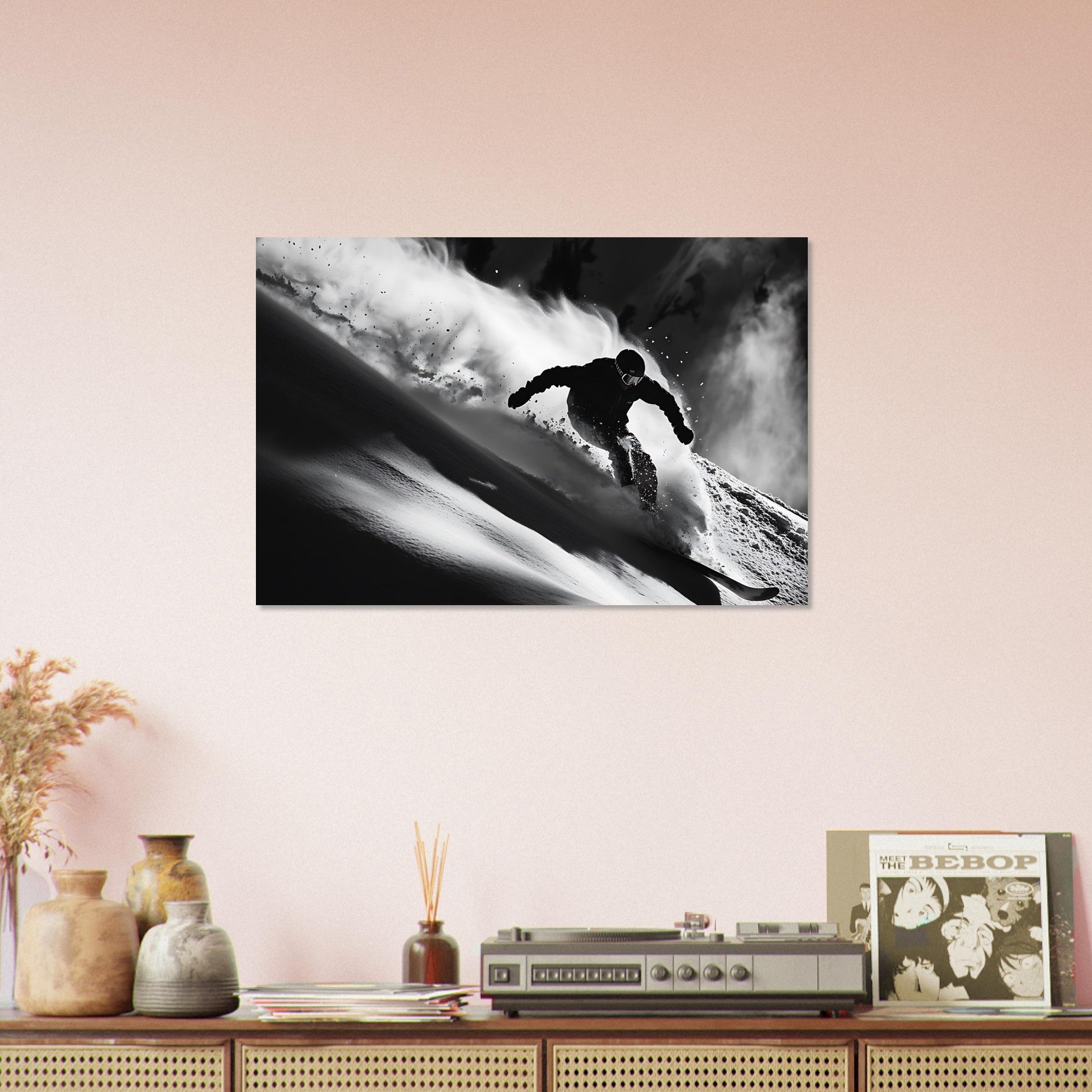 Vente Photo d'un skieur dans la poudre - Noir & Blanc - Tableau photo paysage IA