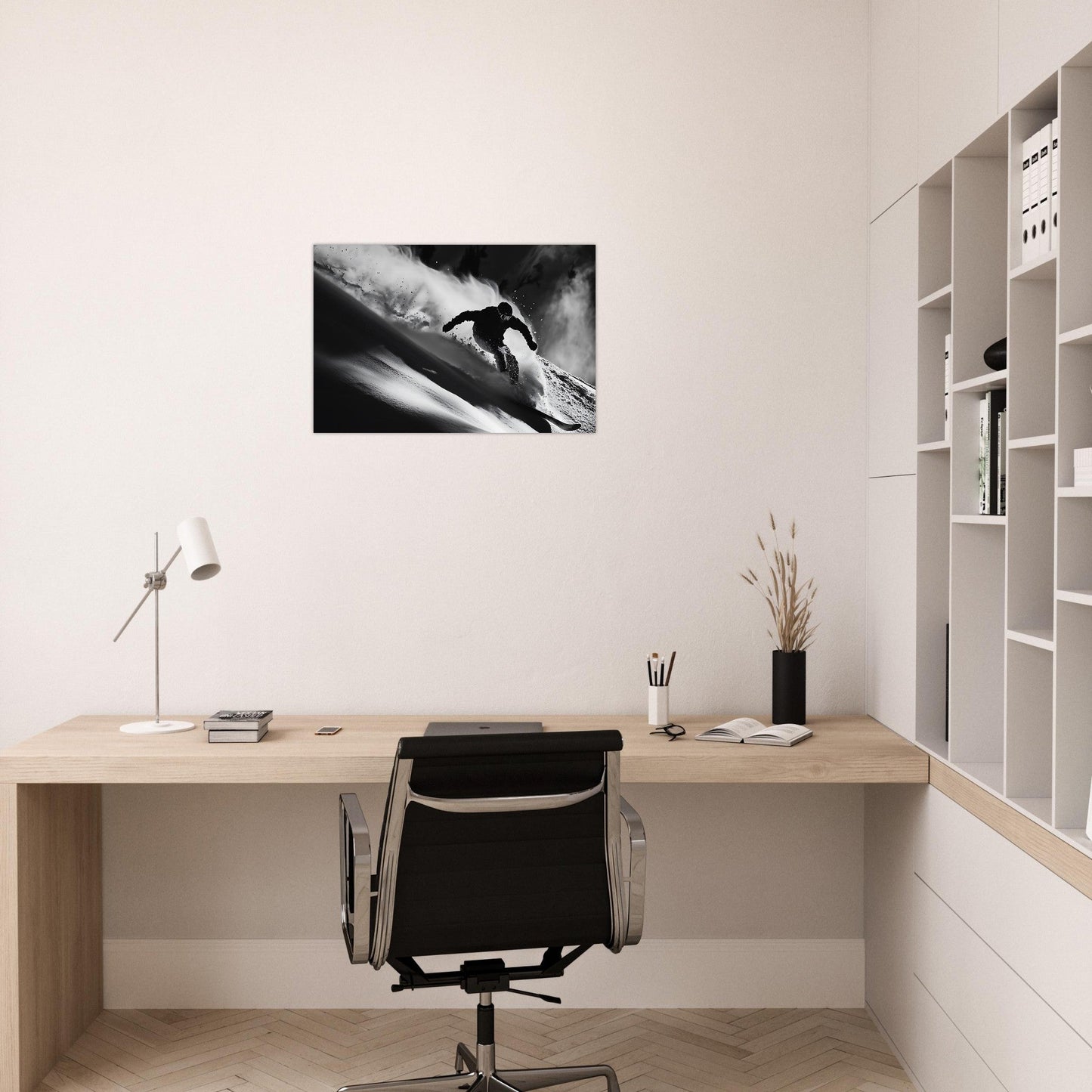 Vente Photo d'un skieur dans la poudre - Noir & Blanc - Tableau photo paysage IA