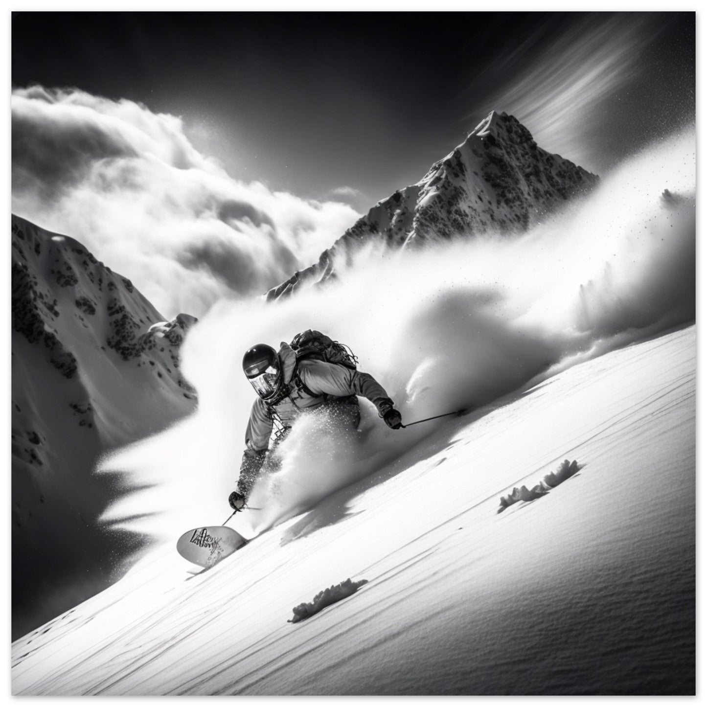 Vente Photo d'un skieur dans la poudreuse - Noir & Blanc - Tableau photo paysage IA