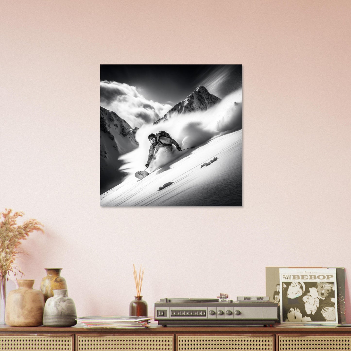 Vente Photo d'un skieur dans la poudreuse - Noir & Blanc - Tableau photo paysage IA