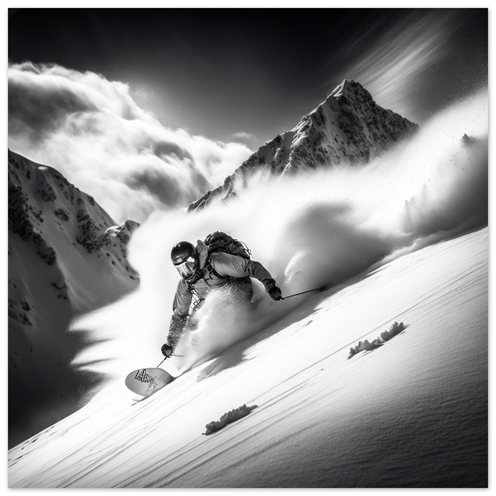 Vente Photo d'un skieur dans la poudreuse - Noir & Blanc - Tableau photo paysage IA