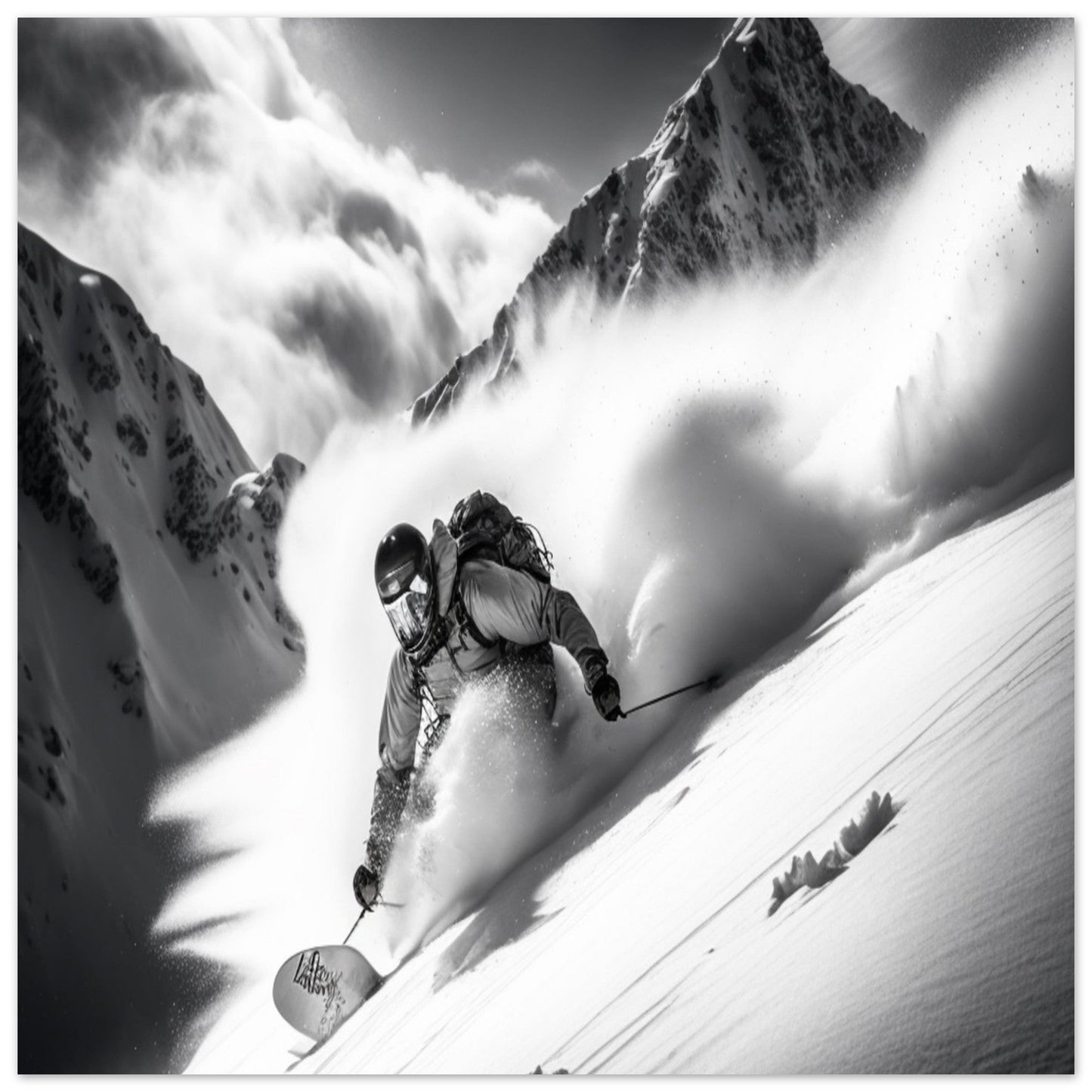 Vente Photo d'un skieur dans la poudreuse - Noir & Blanc - Tableau photo paysage IA