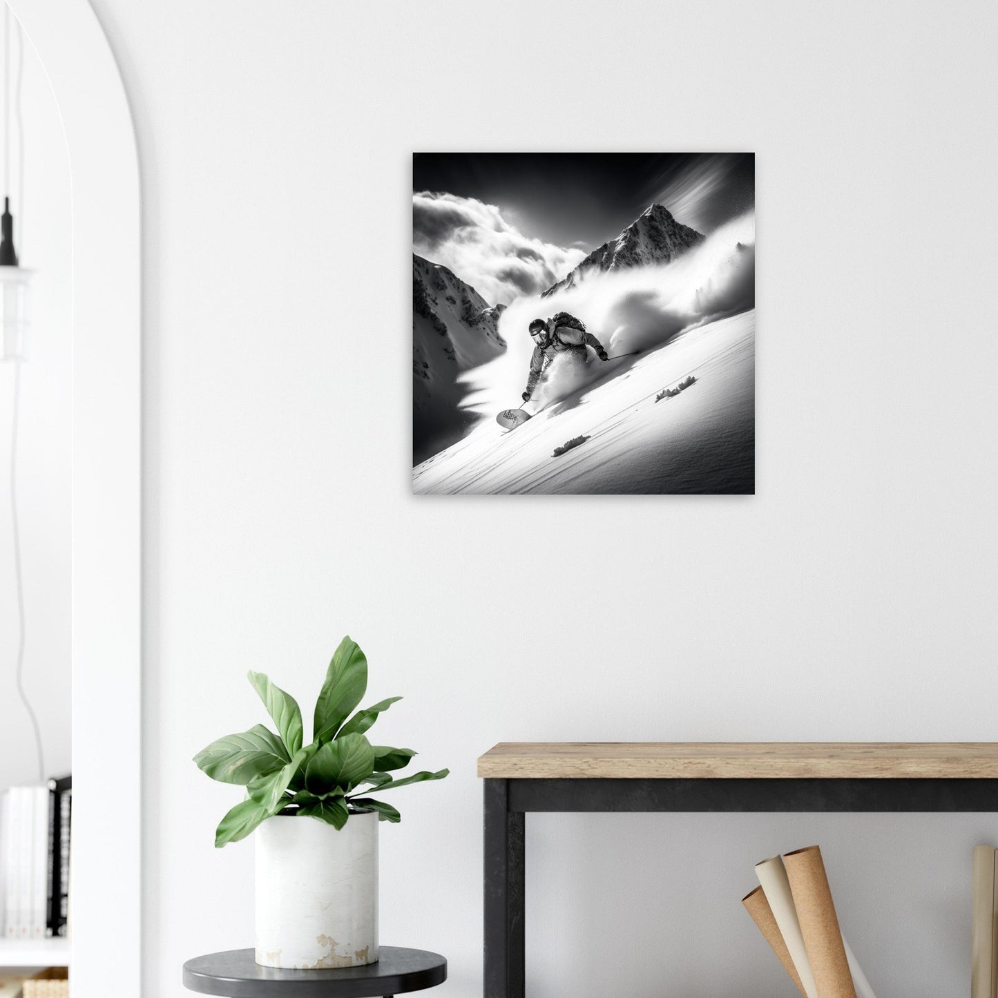 Vente Photo d'un skieur dans la poudreuse - Noir & Blanc - Tableau photo paysage IA