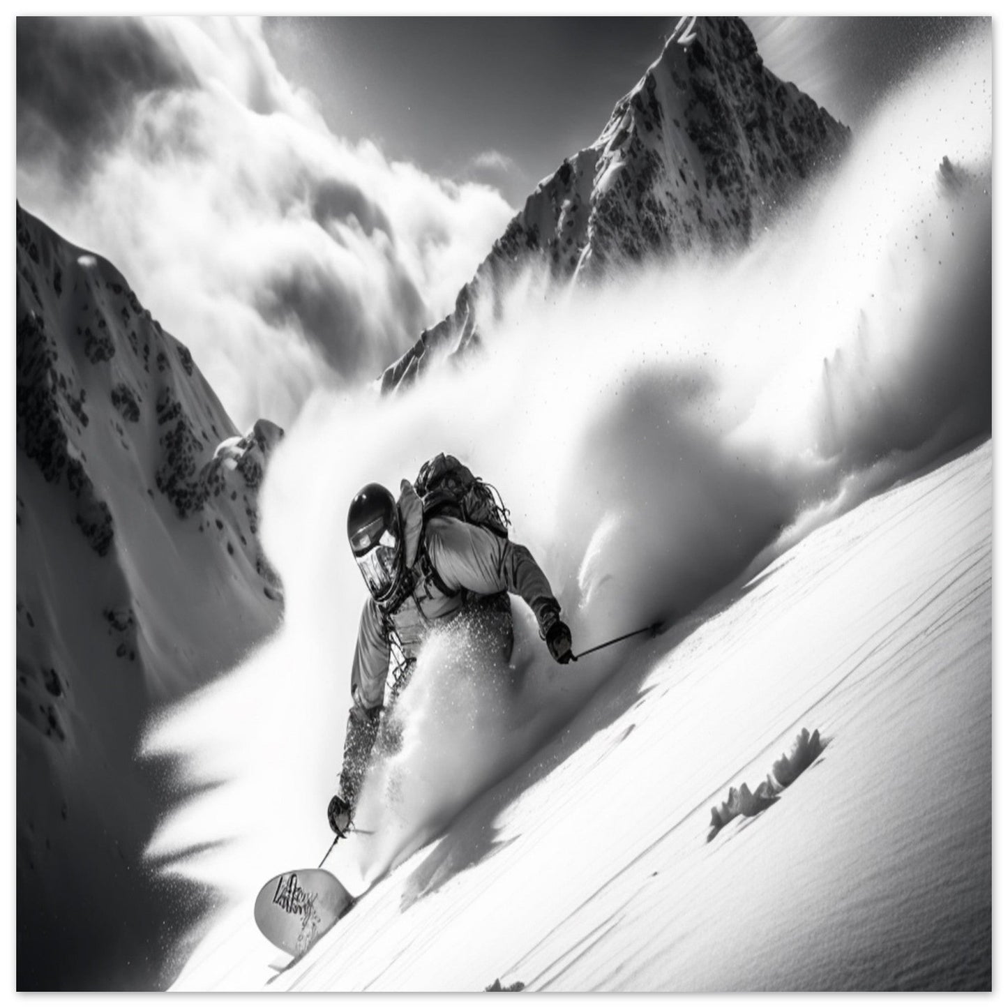 Vente Photo d'un skieur dans la poudreuse - Noir & Blanc - Tableau photo paysage IA