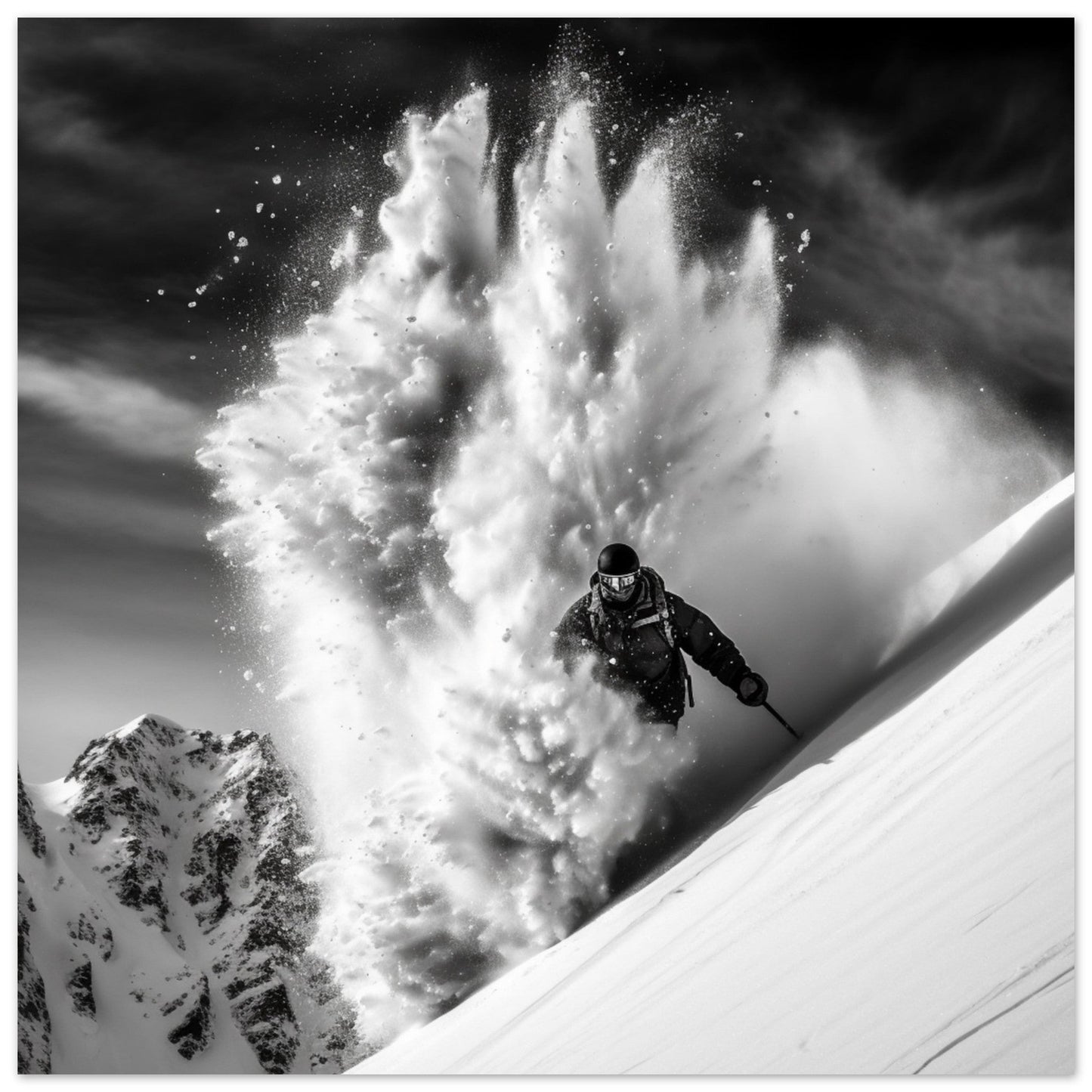 Vente Photo d'un skieur en pleine poudreuse - Noir & Blanc - Tableau alu paysage IA