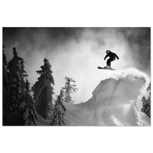 Vente Photo d'un snowboardeur dans la poudre - Noir & Blanc - Tableau photo paysage IA