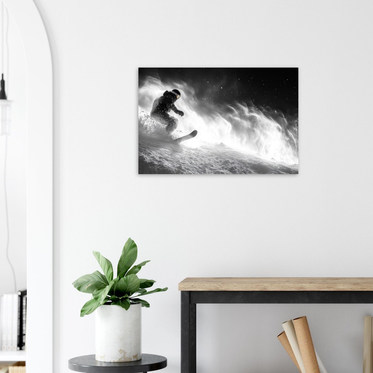 Vente Photo d'un snowboardeur dans la poudre - Noir & Blanc - Tableau photo paysage IA