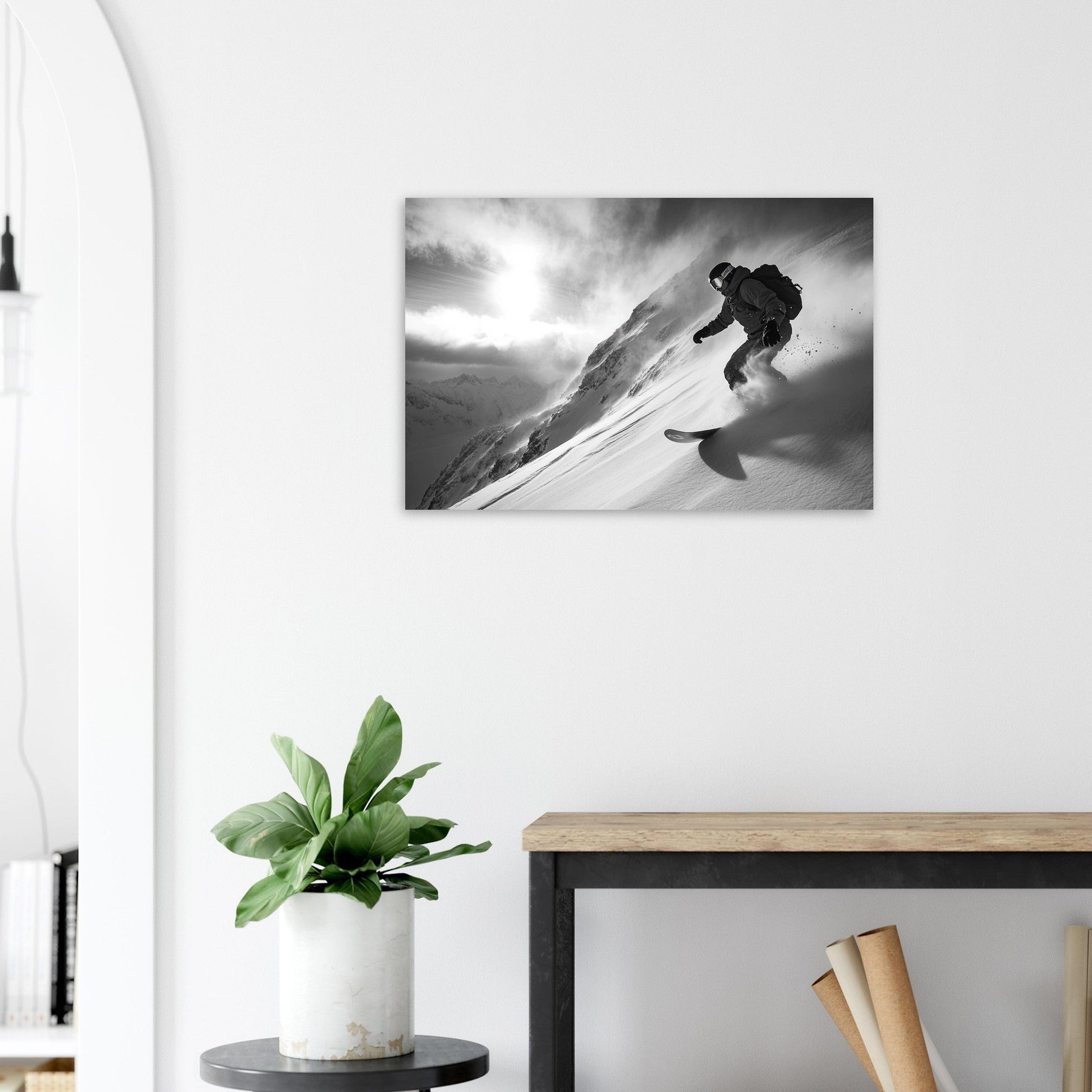 Vente Photo d'un snowboardeur dans la poudre - Noir & Blanc - Tableau photo paysage IA