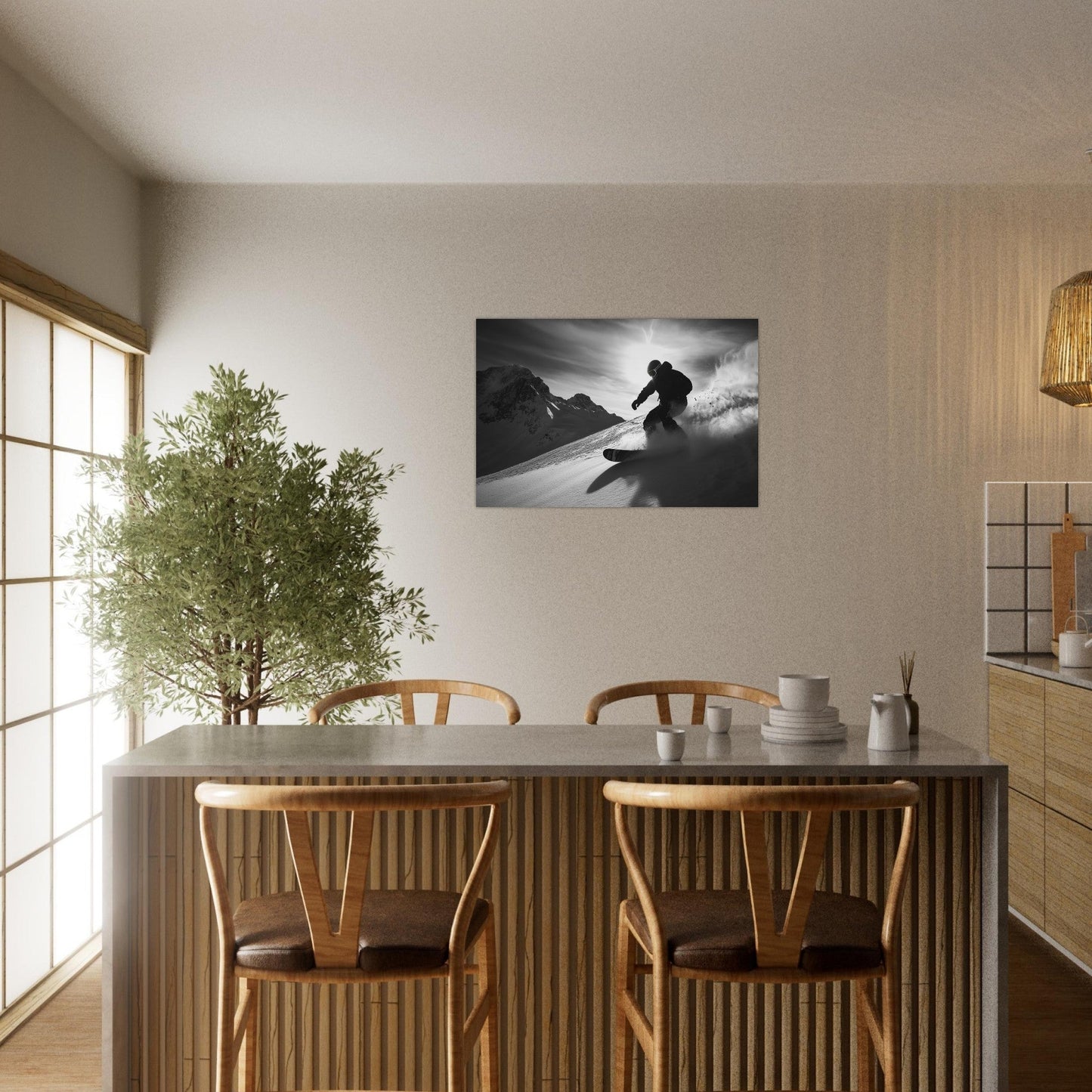 Vente Photo d'un snowboardeur dans la poudre - Noir & Blanc - Tableau photo paysage IA