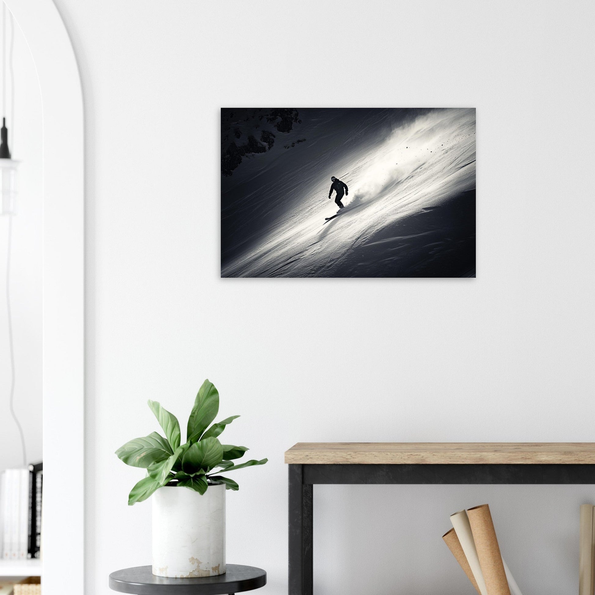 Vente Photo d'un snowboardeur dans la poudre - Noir & Blanc - Tableau photo paysage IA