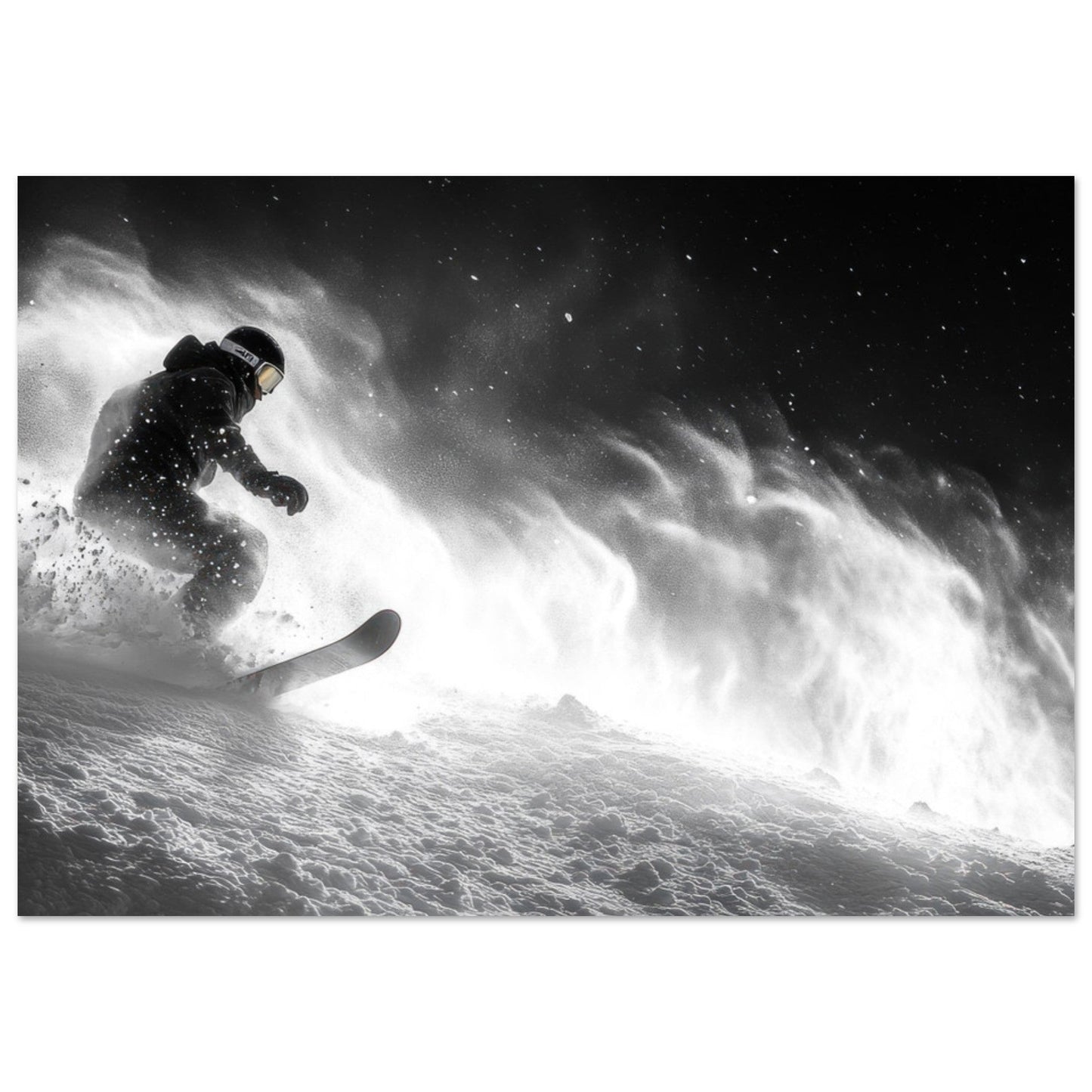 Vente Photo d'un snowboardeur dans la poudre - Noir & Blanc - Tableau photo paysage IA