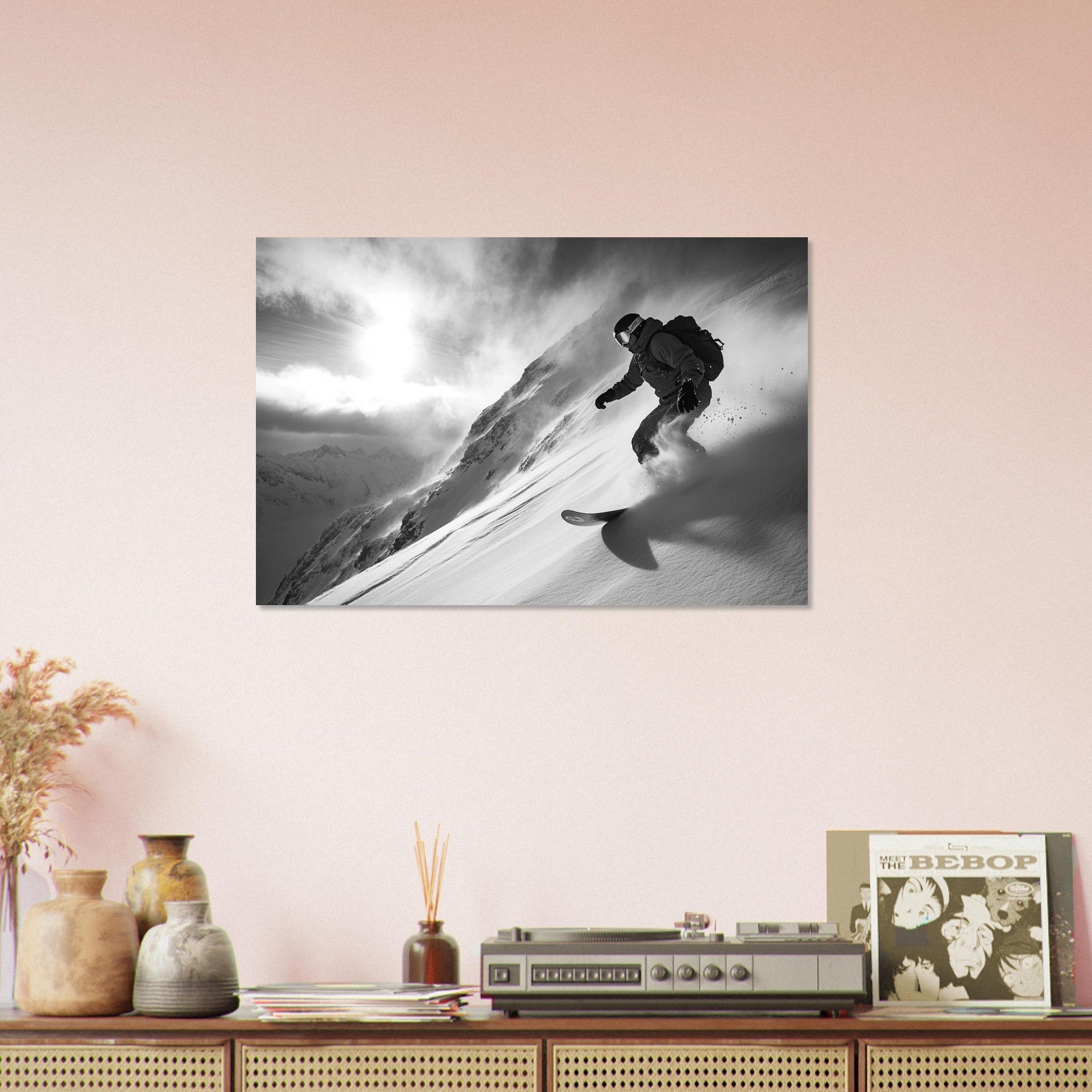 Vente Photo d'un snowboardeur dans la poudre - Noir & Blanc - Tableau photo paysage IA