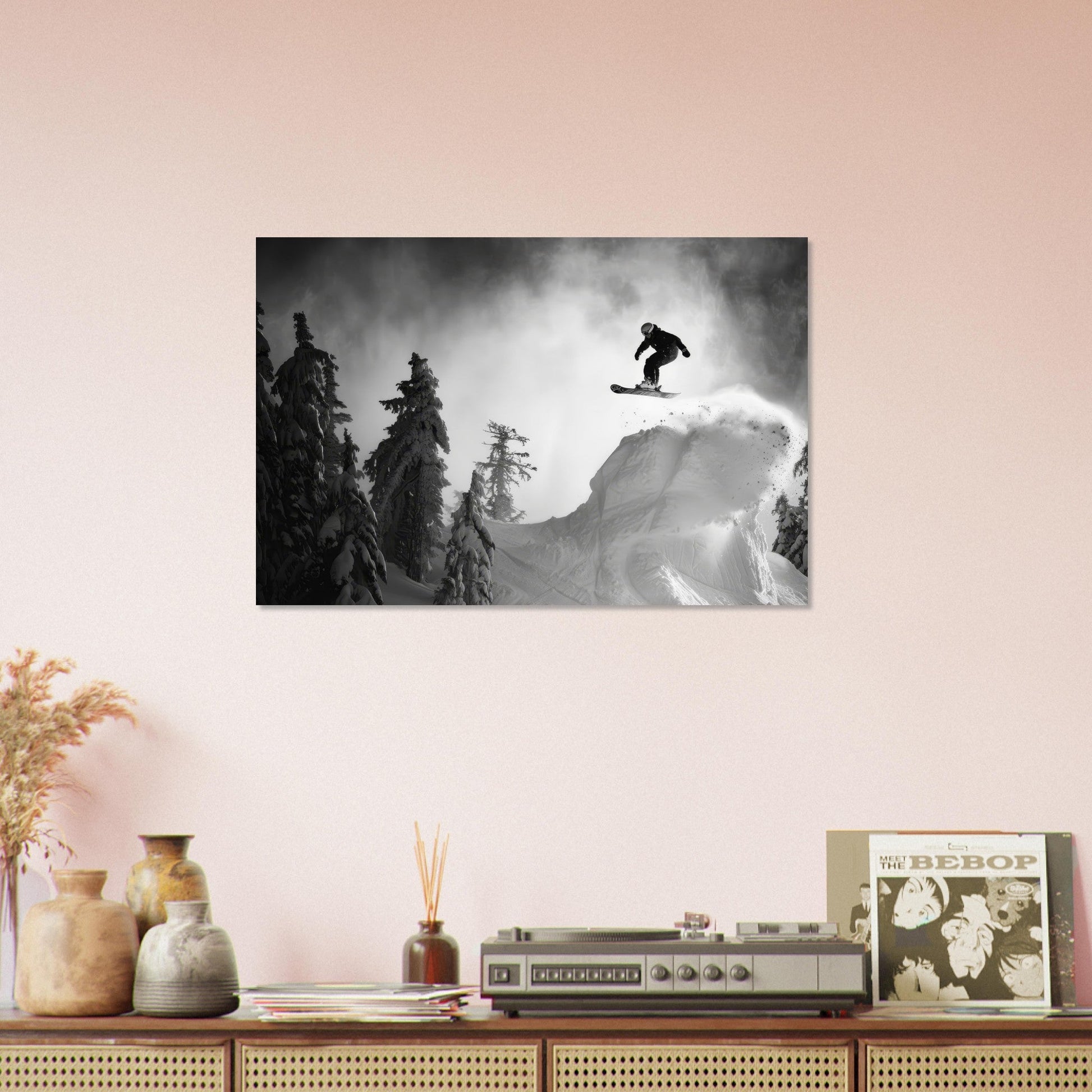 Vente Photo d'un snowboardeur dans la poudre - Noir & Blanc - Tableau photo paysage IA