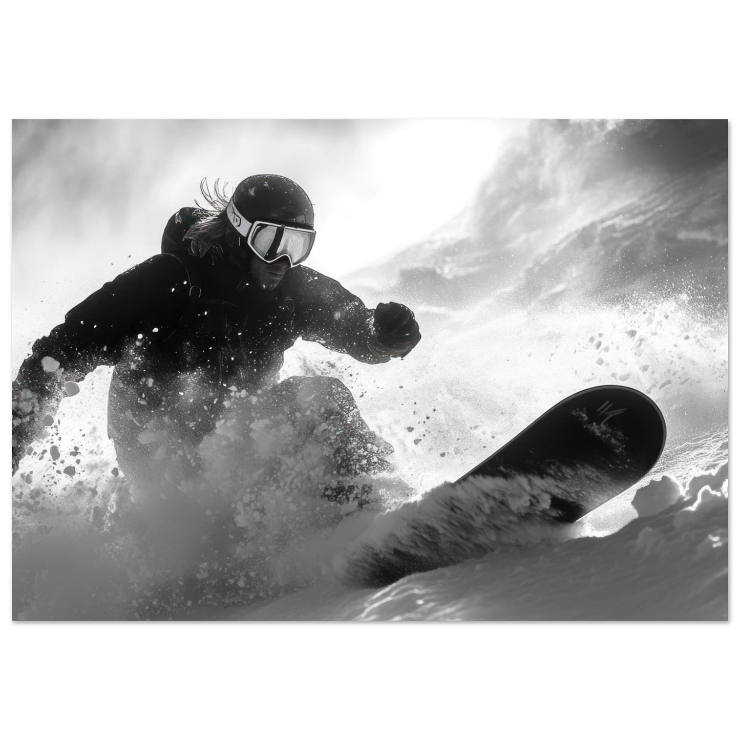 Vente Photo d'un snowboardeur dans la poudre - Noir & Blanc - Tableau photo paysage IA