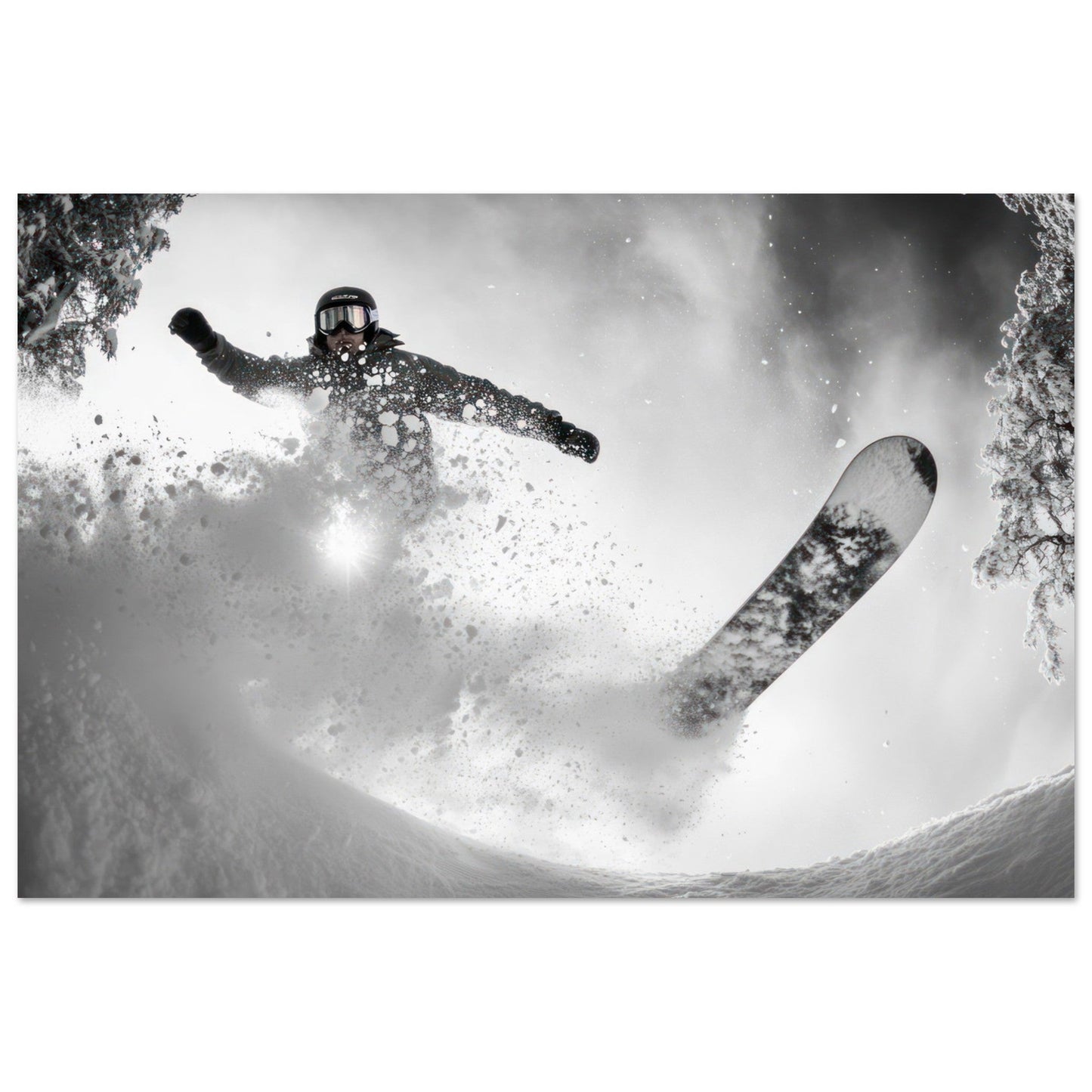 Vente Photo d'un snowboardeur dans la poudre - Noir & Blanc - Tableau photo paysage IA