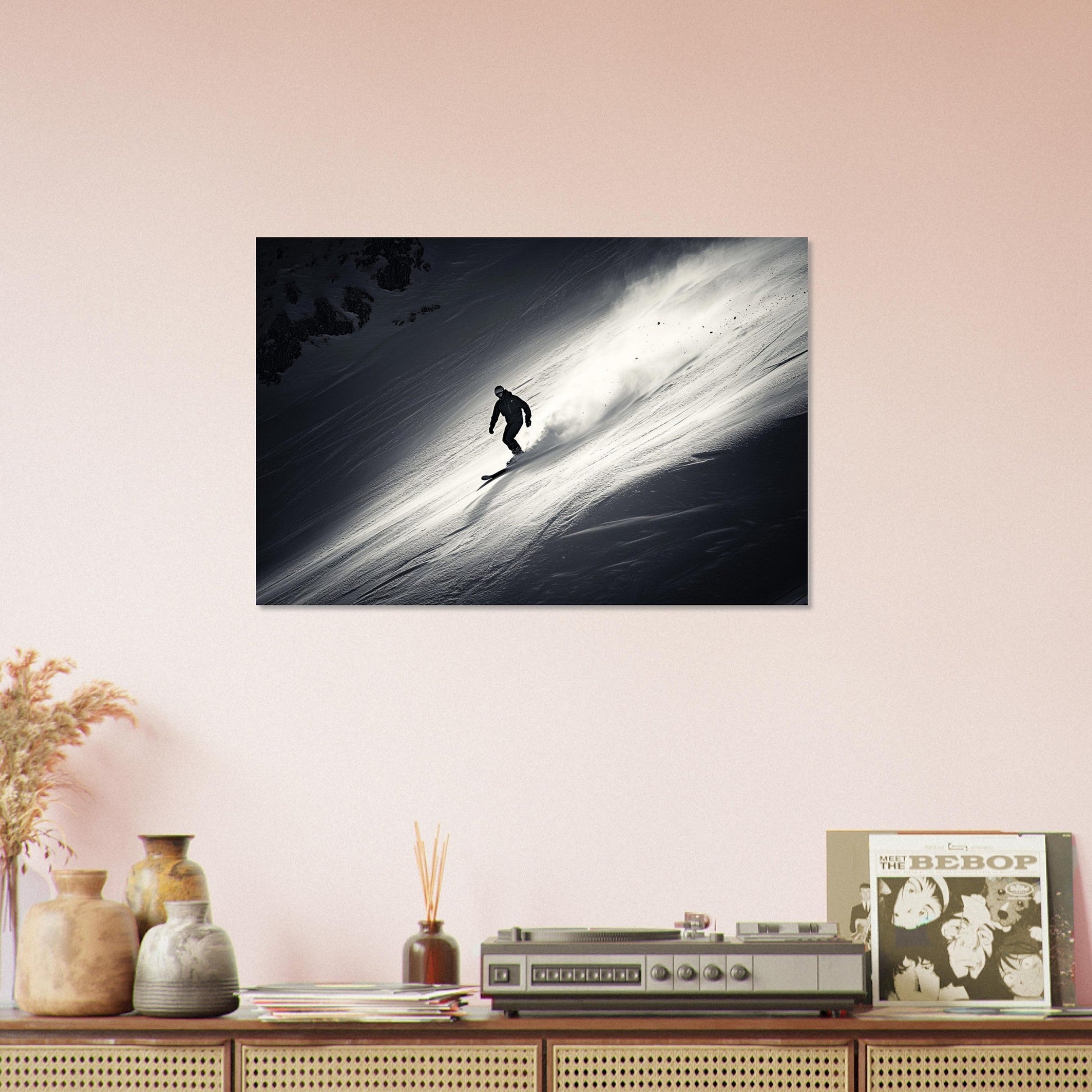 Vente Photo d'un snowboardeur dans la poudre - Noir & Blanc - Tableau photo paysage IA