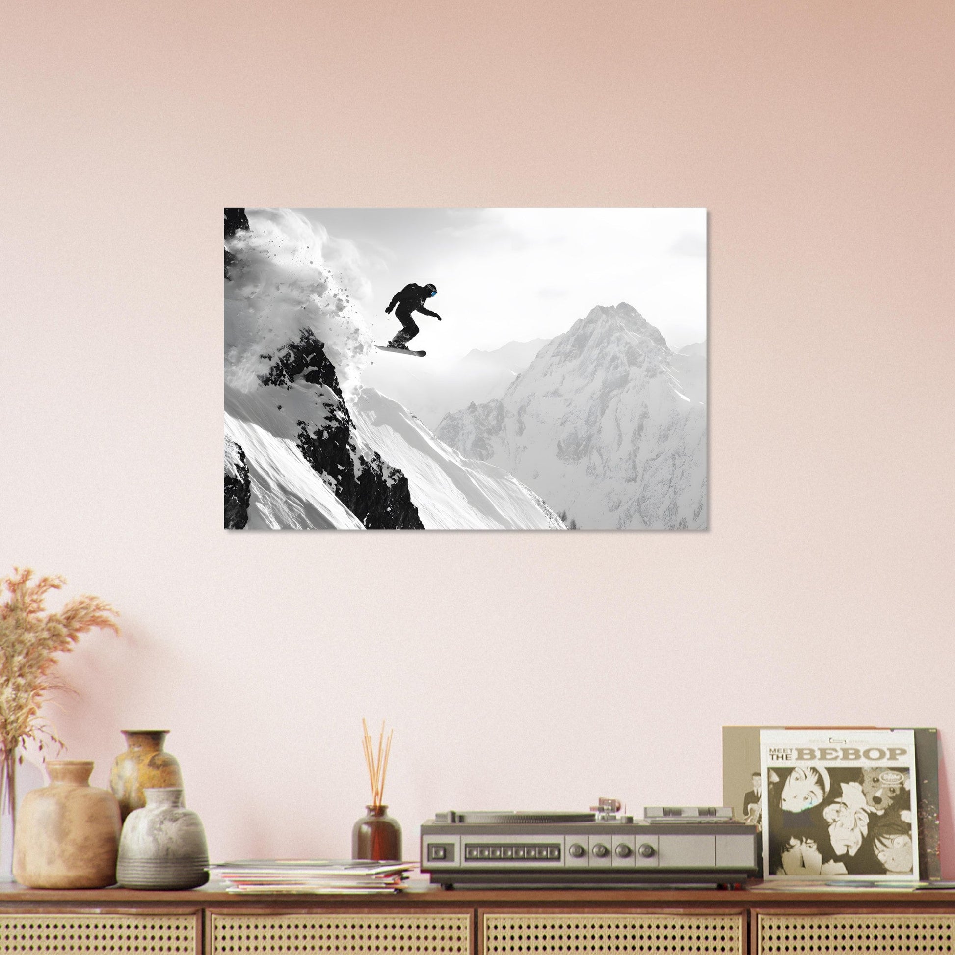 Vente Photo d'un snowboardeur dans la poudre - Noir & Blanc - Tableau photo paysage IA