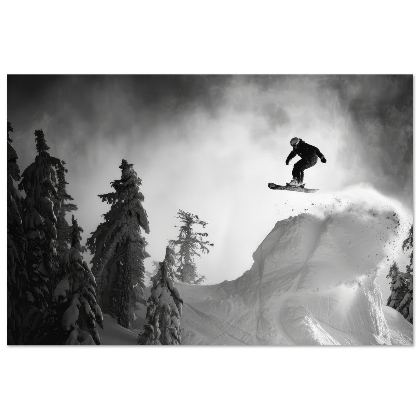 Vente Photo d'un snowboardeur dans la poudre - Noir & Blanc - Tableau photo paysage IA