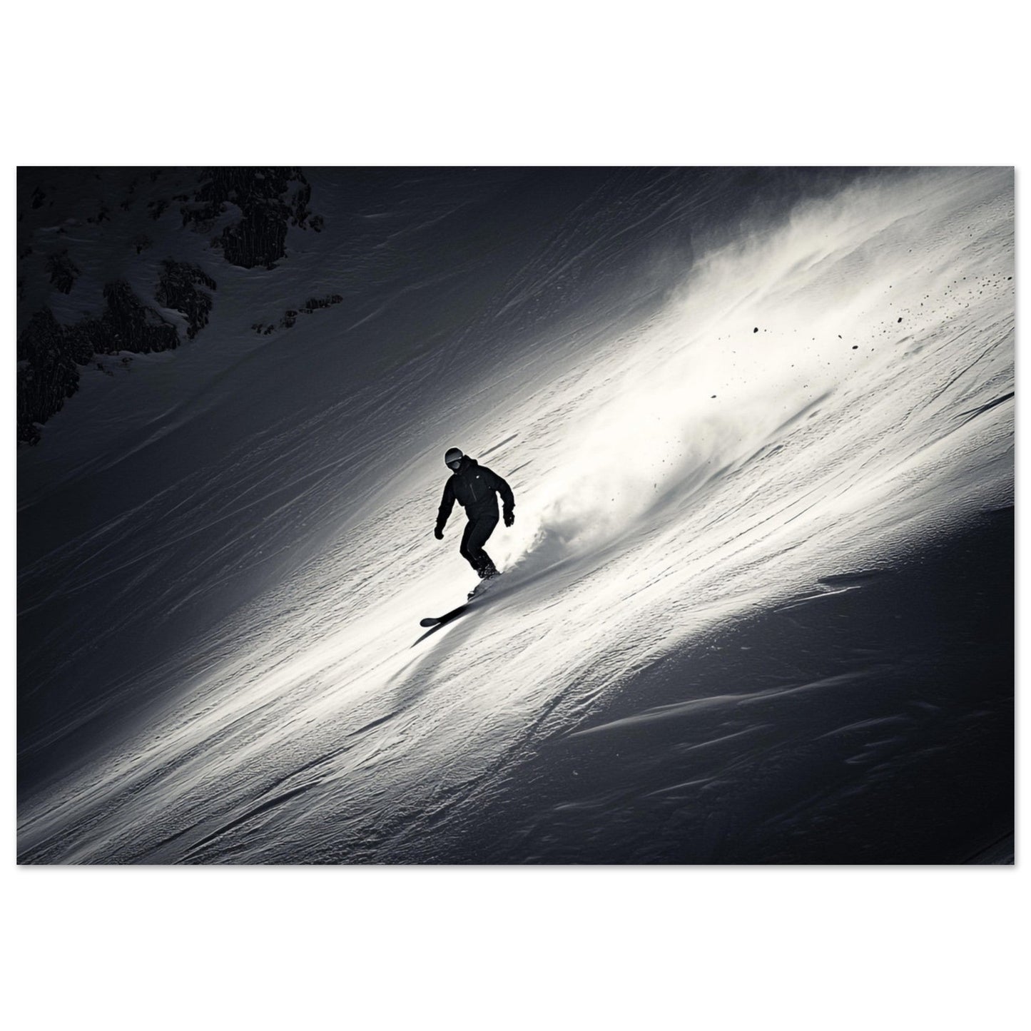 Vente Photo d'un snowboardeur dans la poudre - Noir & Blanc - Tableau photo paysage IA