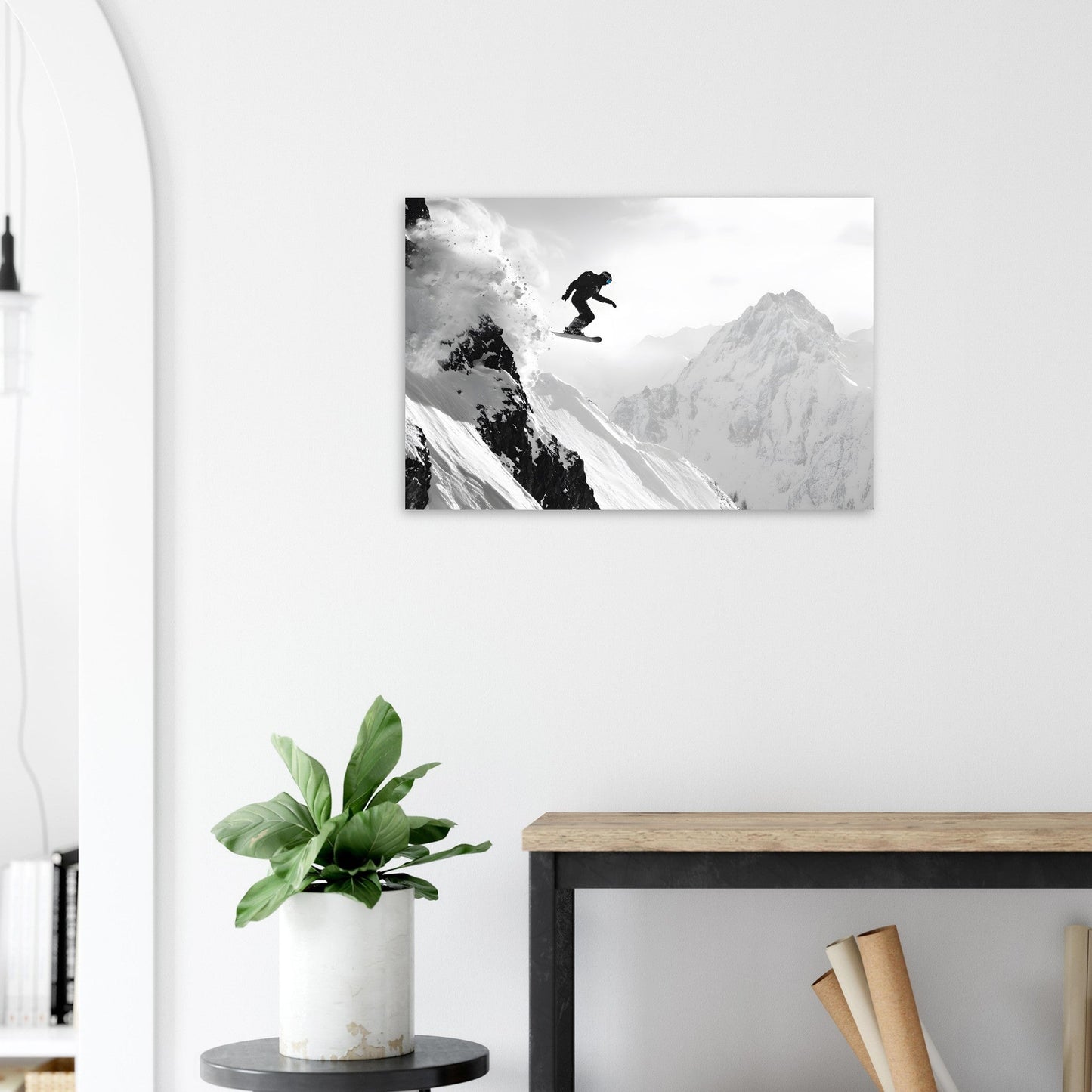 Vente Photo d'un snowboardeur dans la poudre - Noir & Blanc - Tableau photo paysage IA