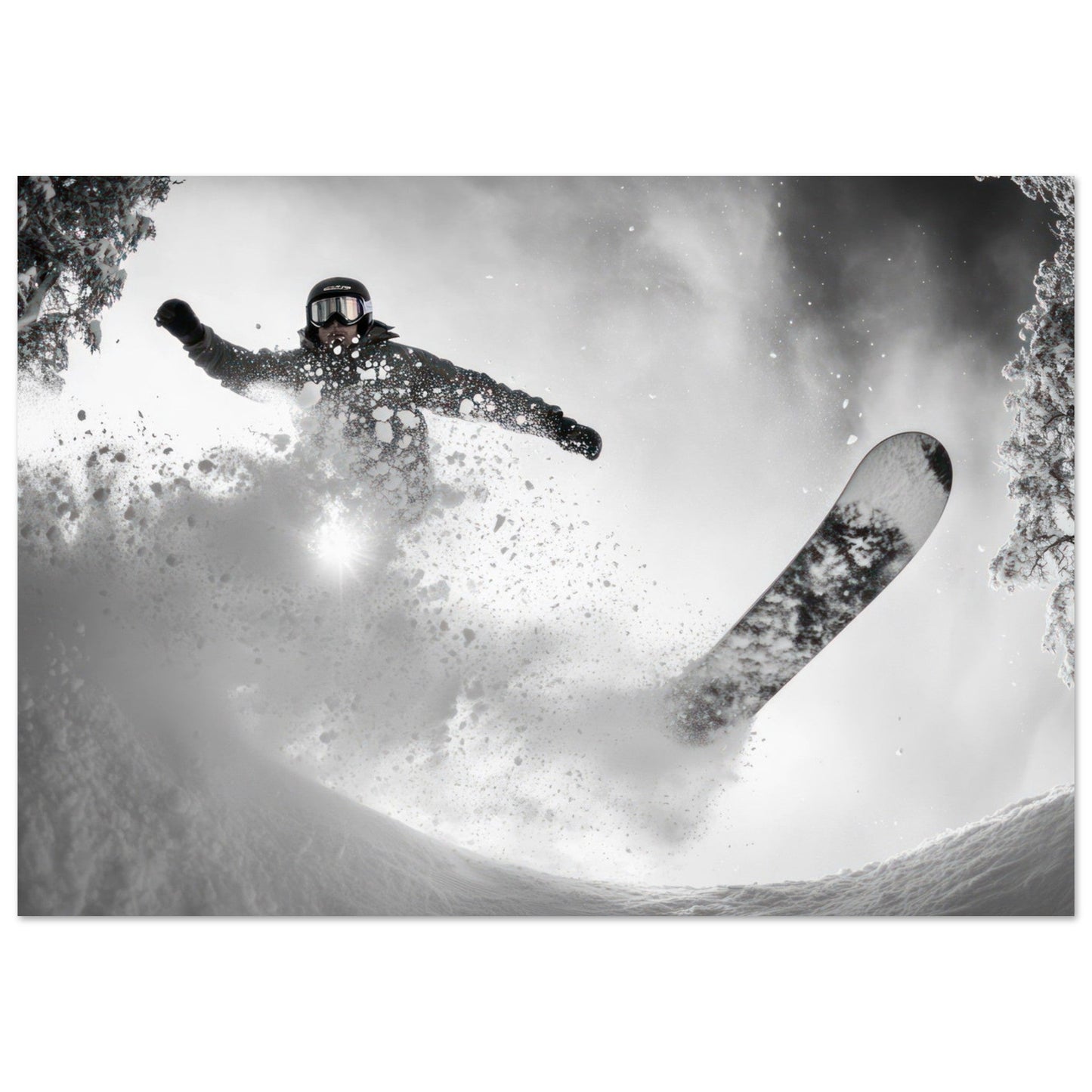 Vente Photo d'un snowboardeur dans la poudre - Noir & Blanc - Tableau photo paysage IA