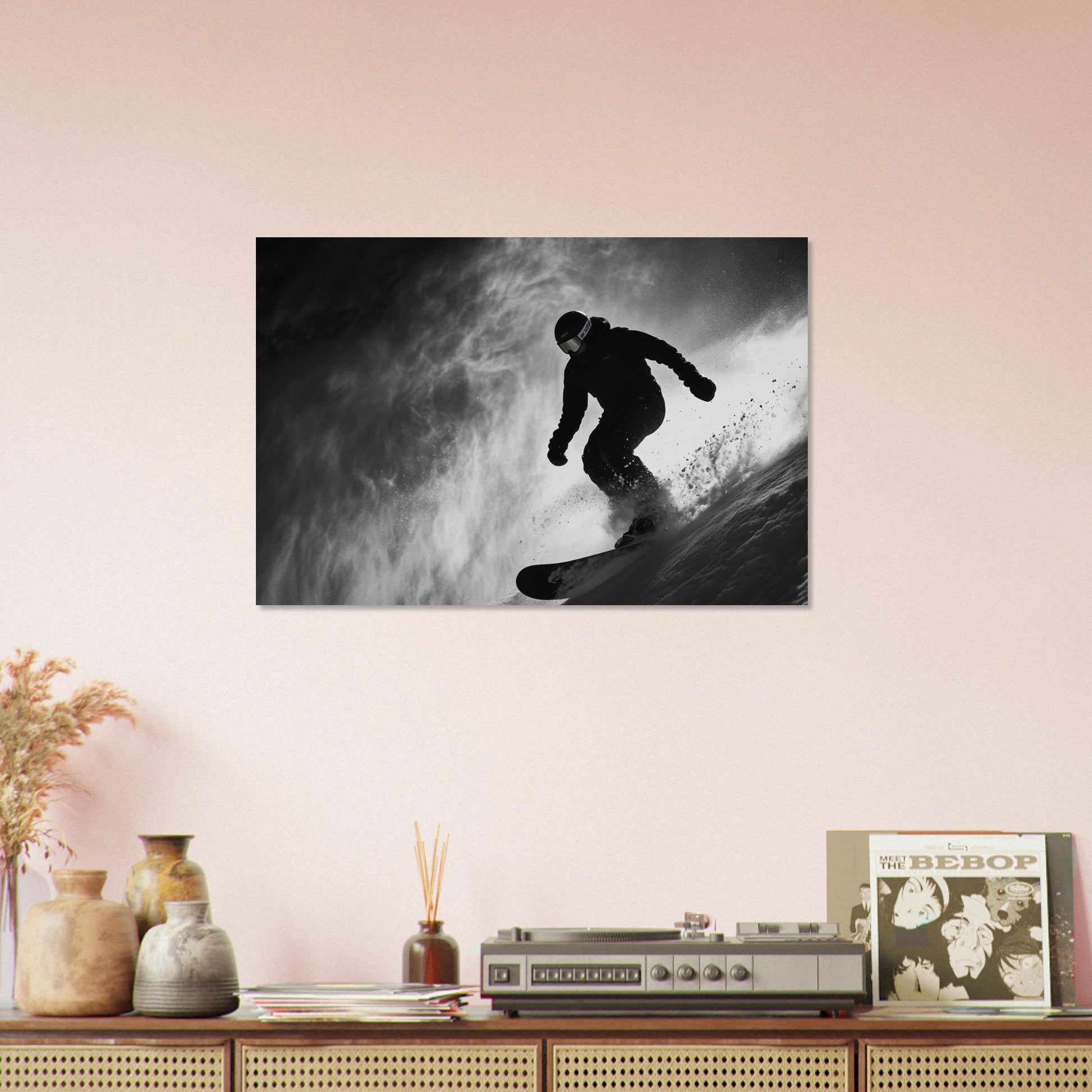 Vente Photo d'un snowboardeur dans la poudre - Noir & Blanc - Tableau photo paysage IA