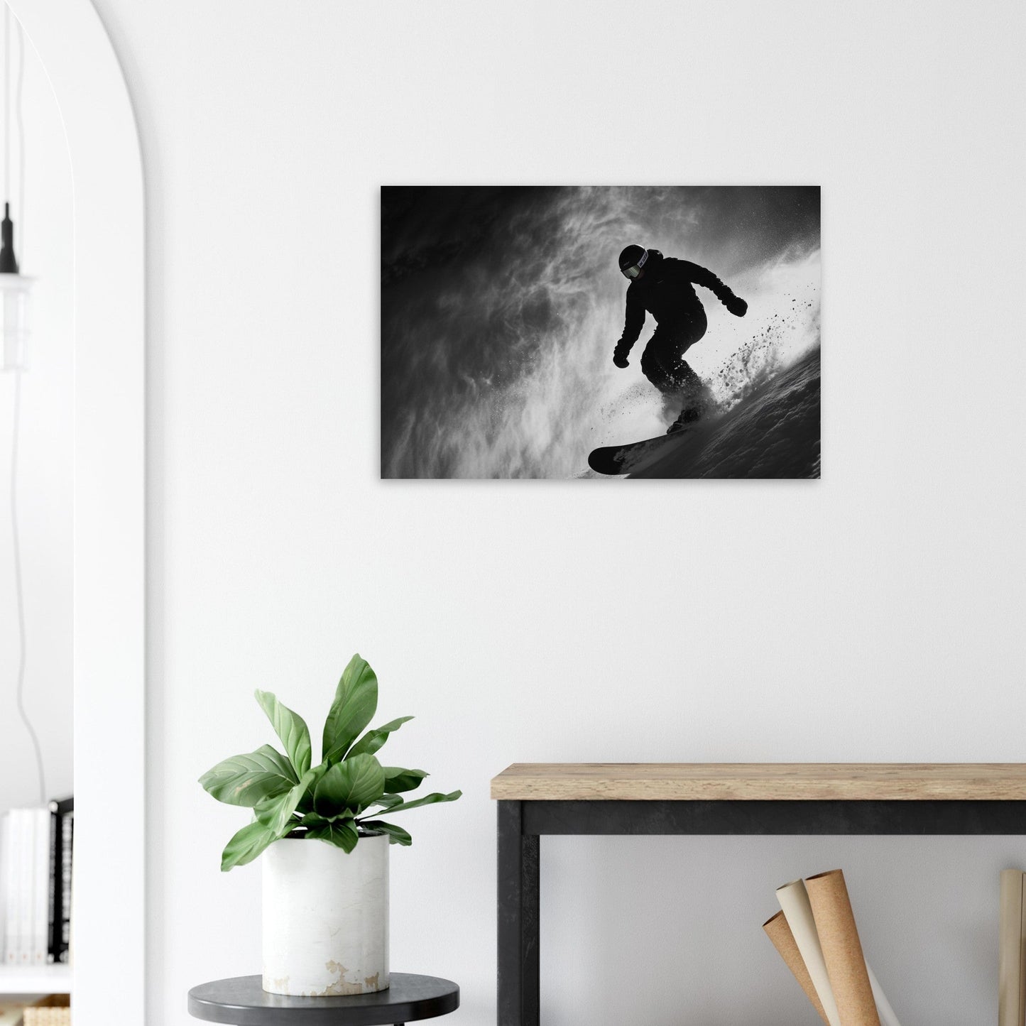 Vente Photo d'un snowboardeur dans la poudre - Noir & Blanc - Tableau photo paysage IA