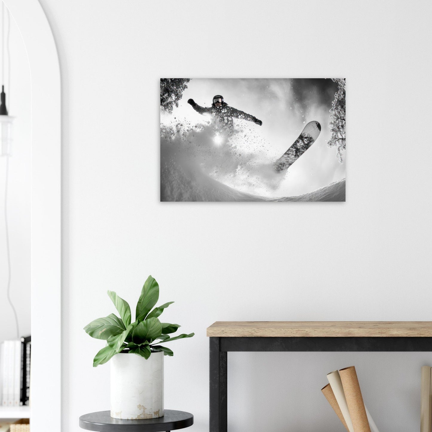 Vente Photo d'un snowboardeur dans la poudre - Noir & Blanc - Tableau photo paysage IA