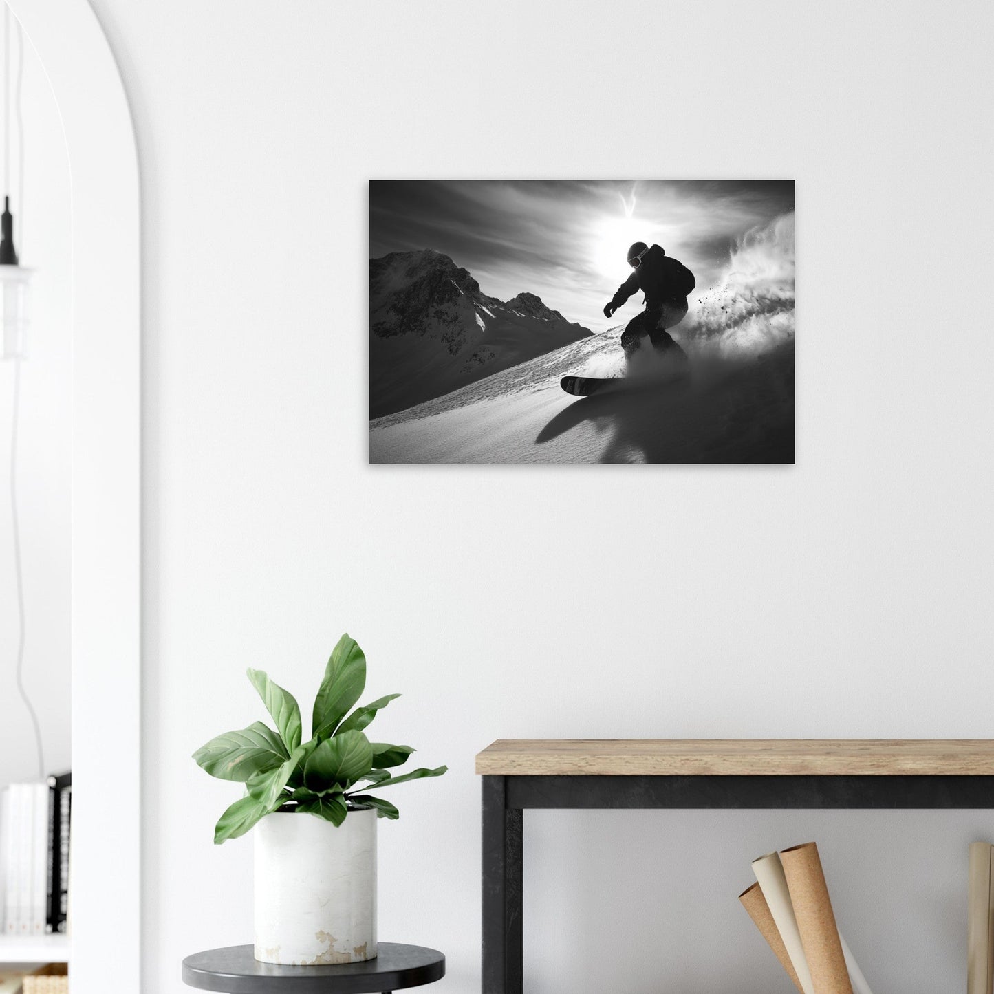 Vente Photo d'un snowboardeur dans la poudre - Noir & Blanc - Tableau photo paysage IA