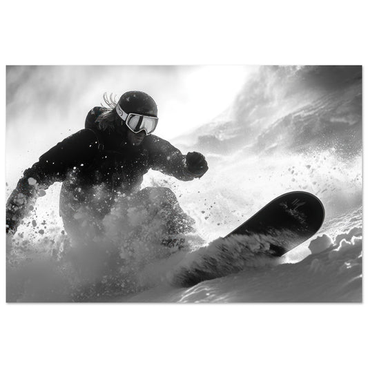 Vente Photo d'un snowboardeur dans la poudre - Noir & Blanc - Tableau photo paysage IA