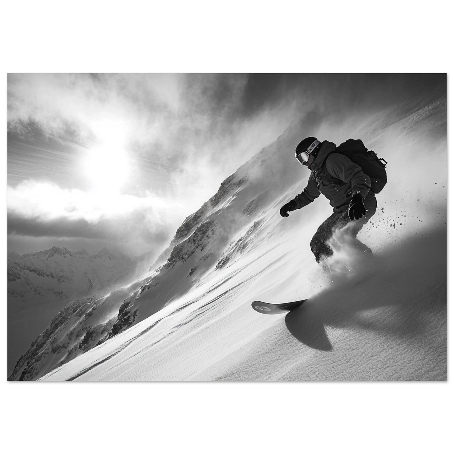 Vente Photo d'un snowboardeur dans la poudre - Noir & Blanc - Tableau photo paysage IA