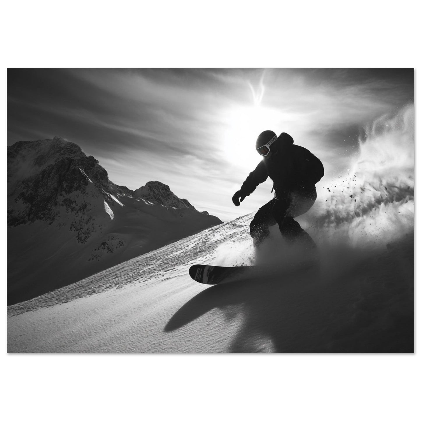 Vente Photo d'un snowboardeur dans la poudre - Noir & Blanc - Tableau photo paysage IA