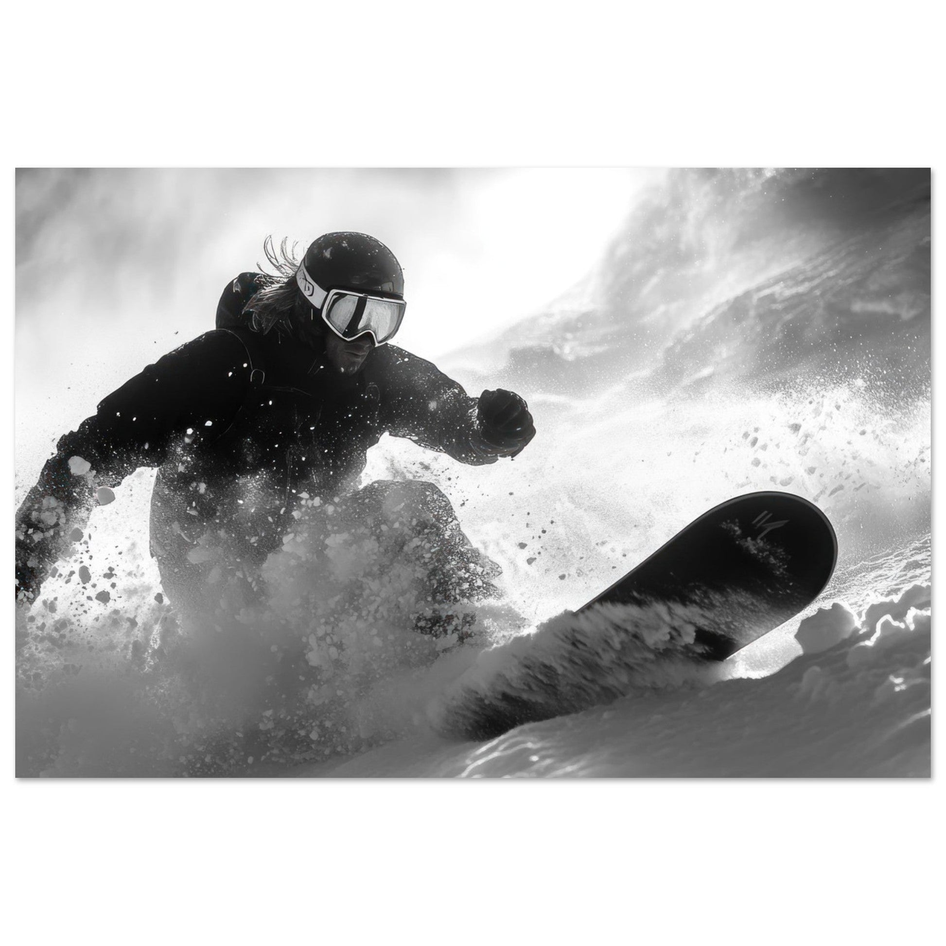 Vente Photo d'un snowboardeur dans la poudre - Noir & Blanc - Tableau photo paysage IA