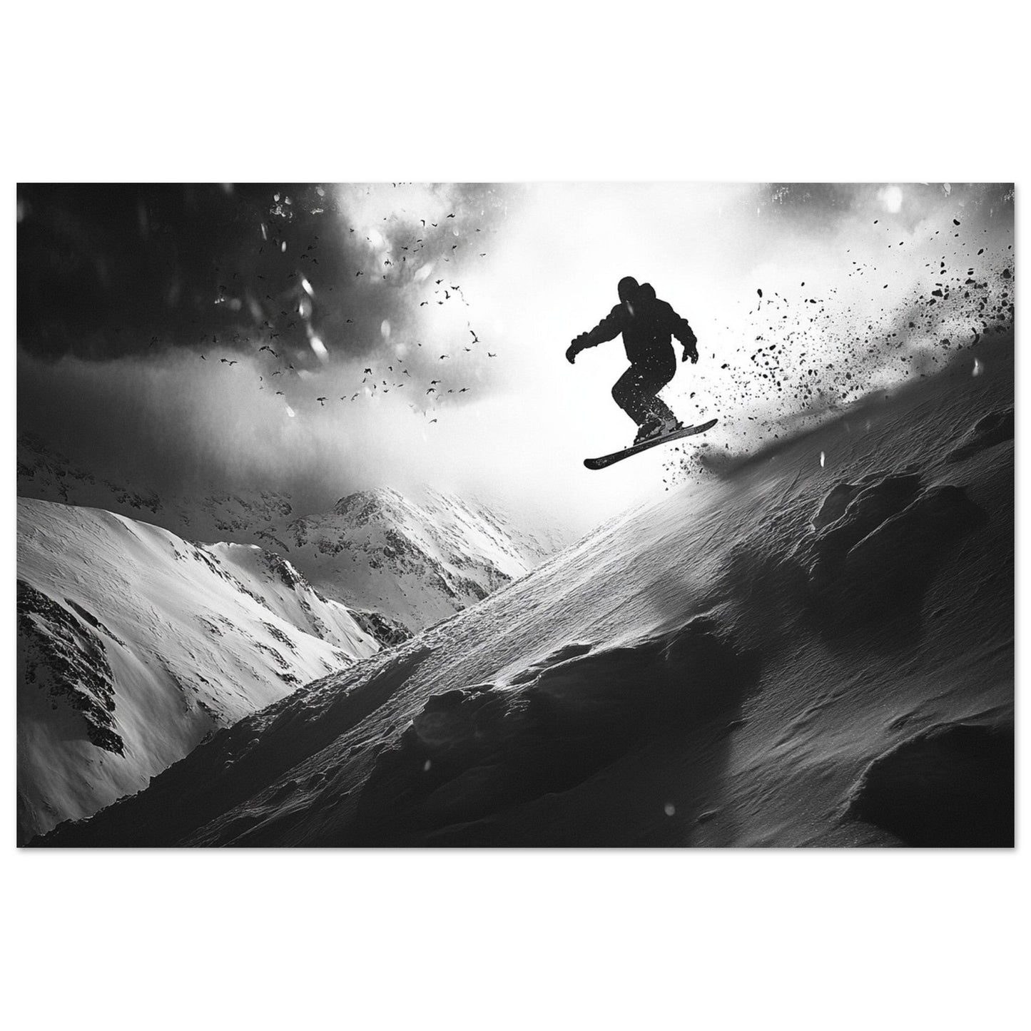 Vente Photo d'un snowboardeur dans la poudre - Noir & Blanc - Tableau photo paysage IA