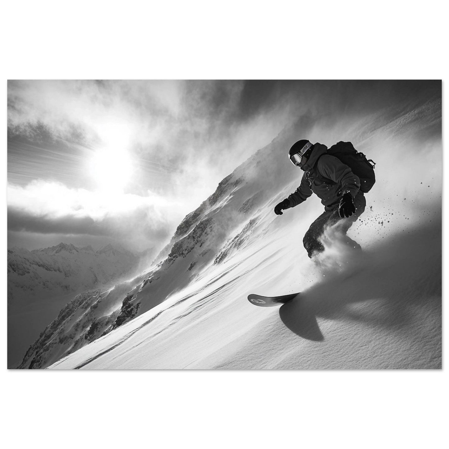 Vente Photo d'un snowboardeur dans la poudre - Noir & Blanc - Tableau photo paysage IA