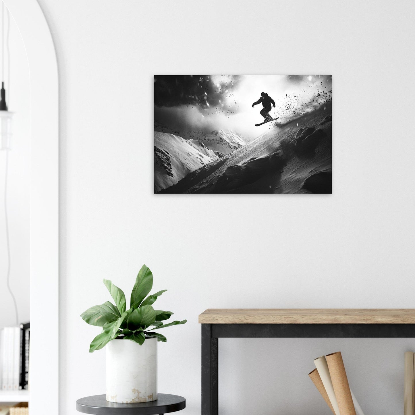 Vente Photo d'un snowboardeur dans la poudre - Noir & Blanc - Tableau photo paysage IA