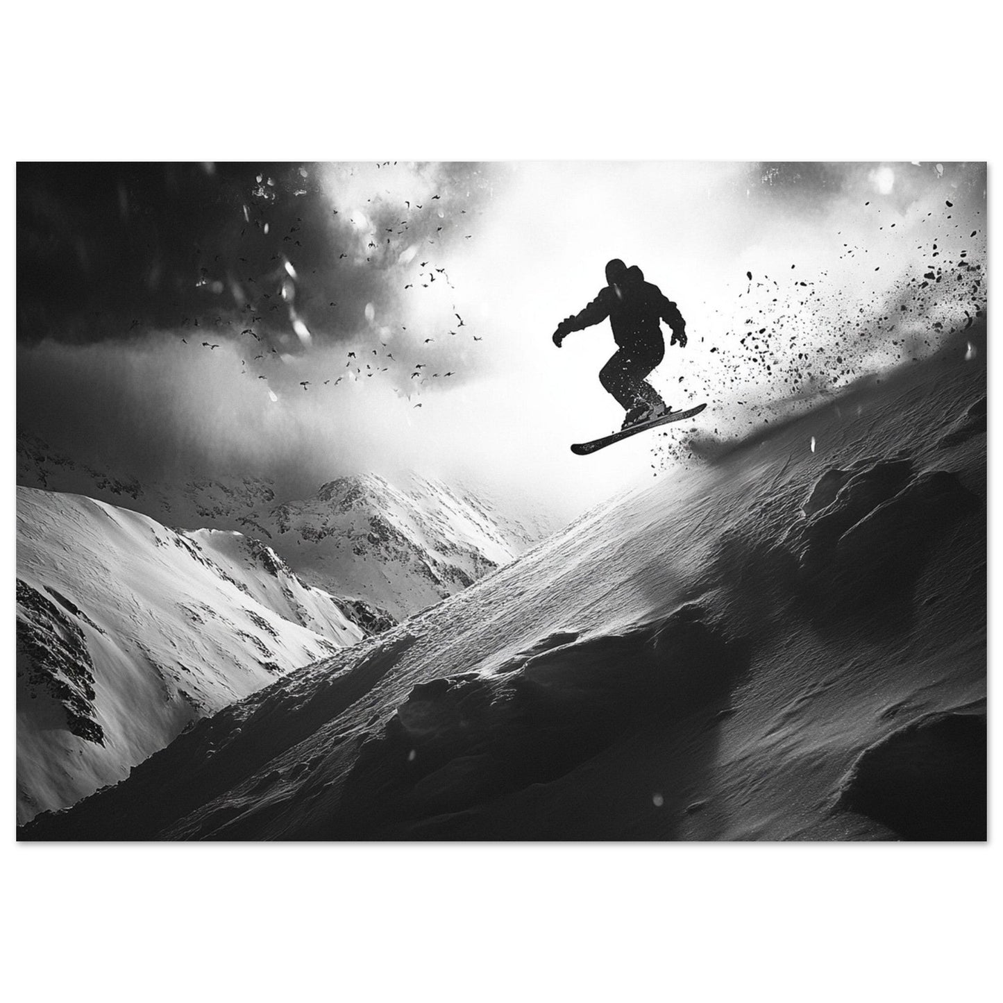 Vente Photo d'un snowboardeur dans la poudre - Noir & Blanc - Tableau photo paysage IA