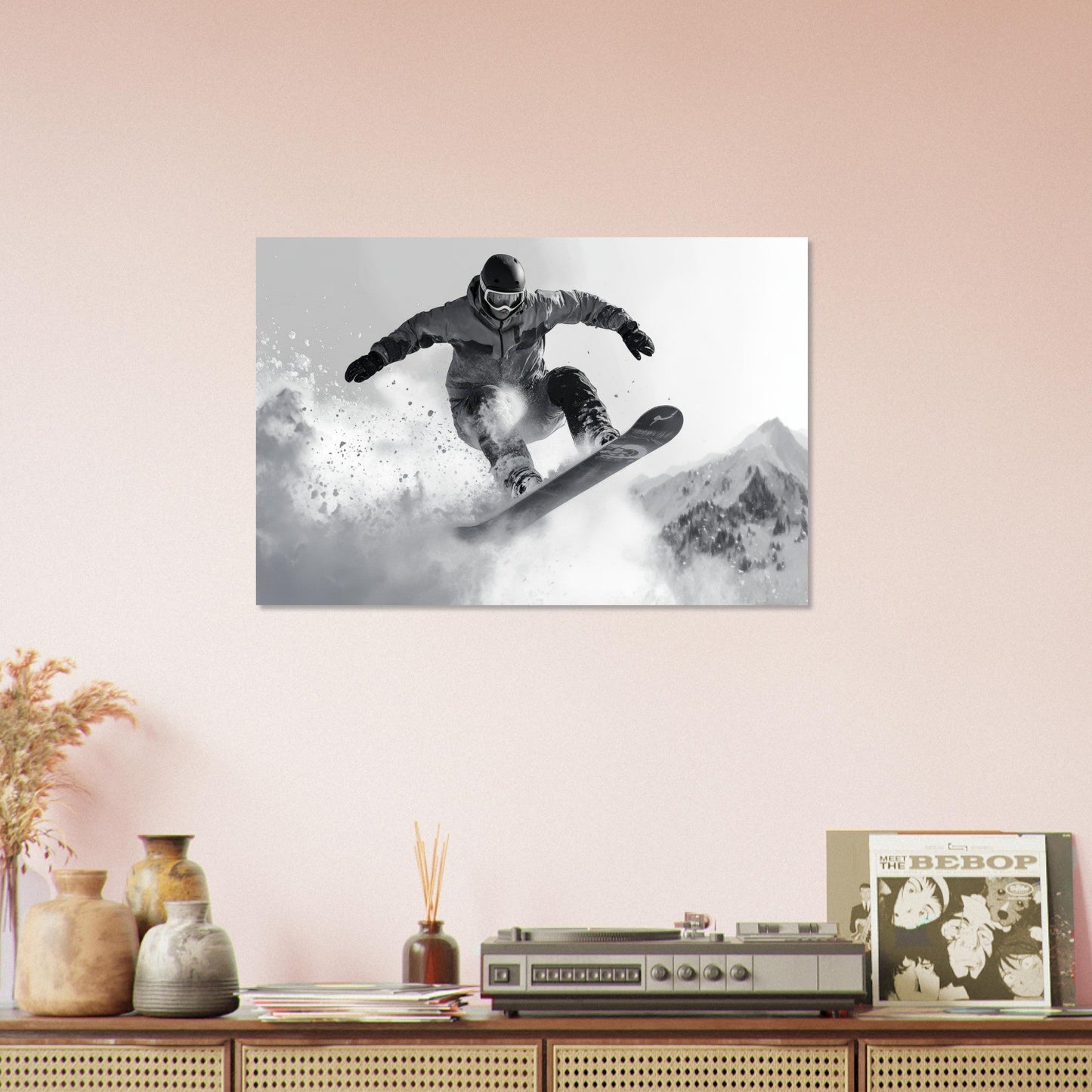 Vente Photo d'un snowboardeur dans la poudre - Noir & Blanc - Tableau photo paysage IA