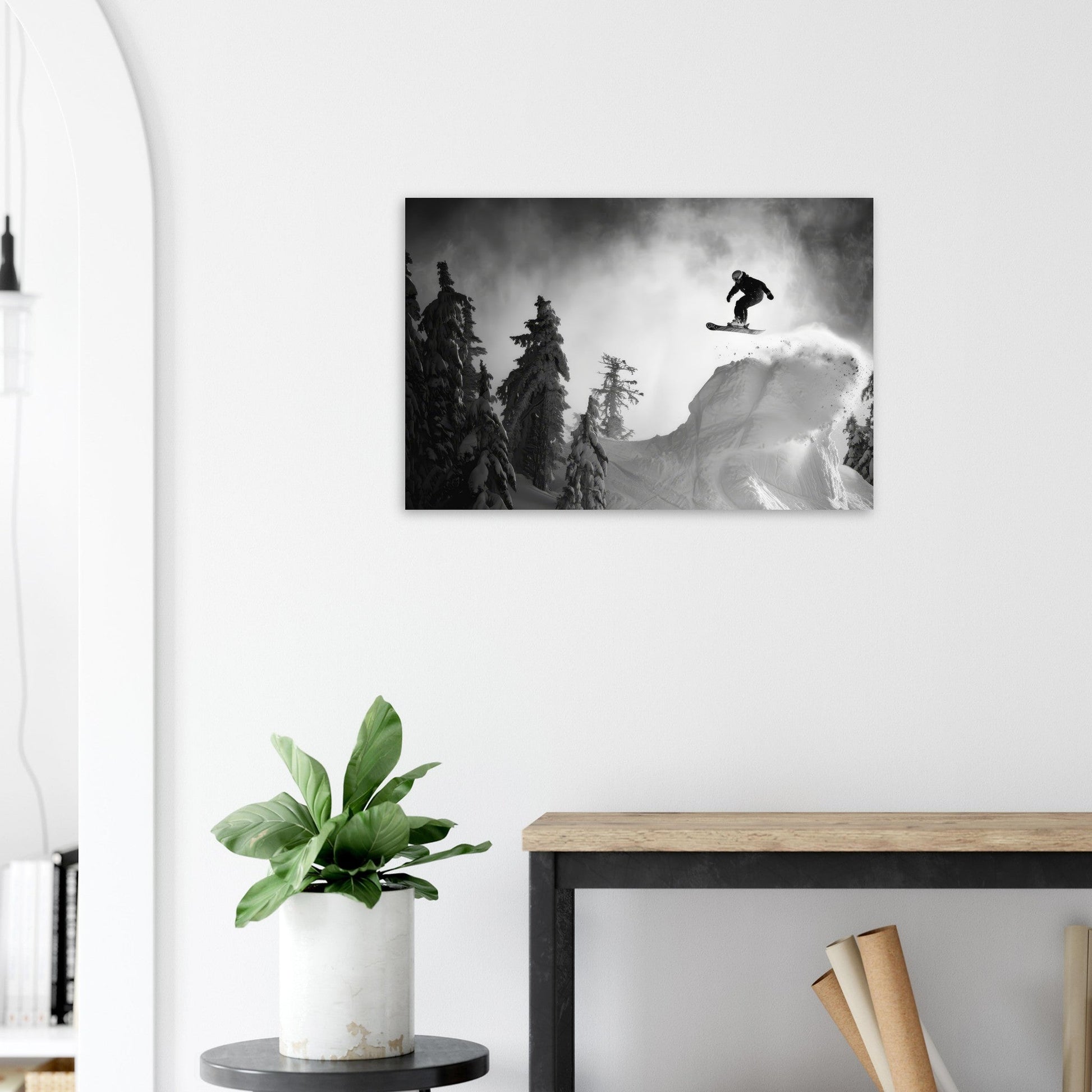 Vente Photo d'un snowboardeur dans la poudre - Noir & Blanc - Tableau photo paysage IA