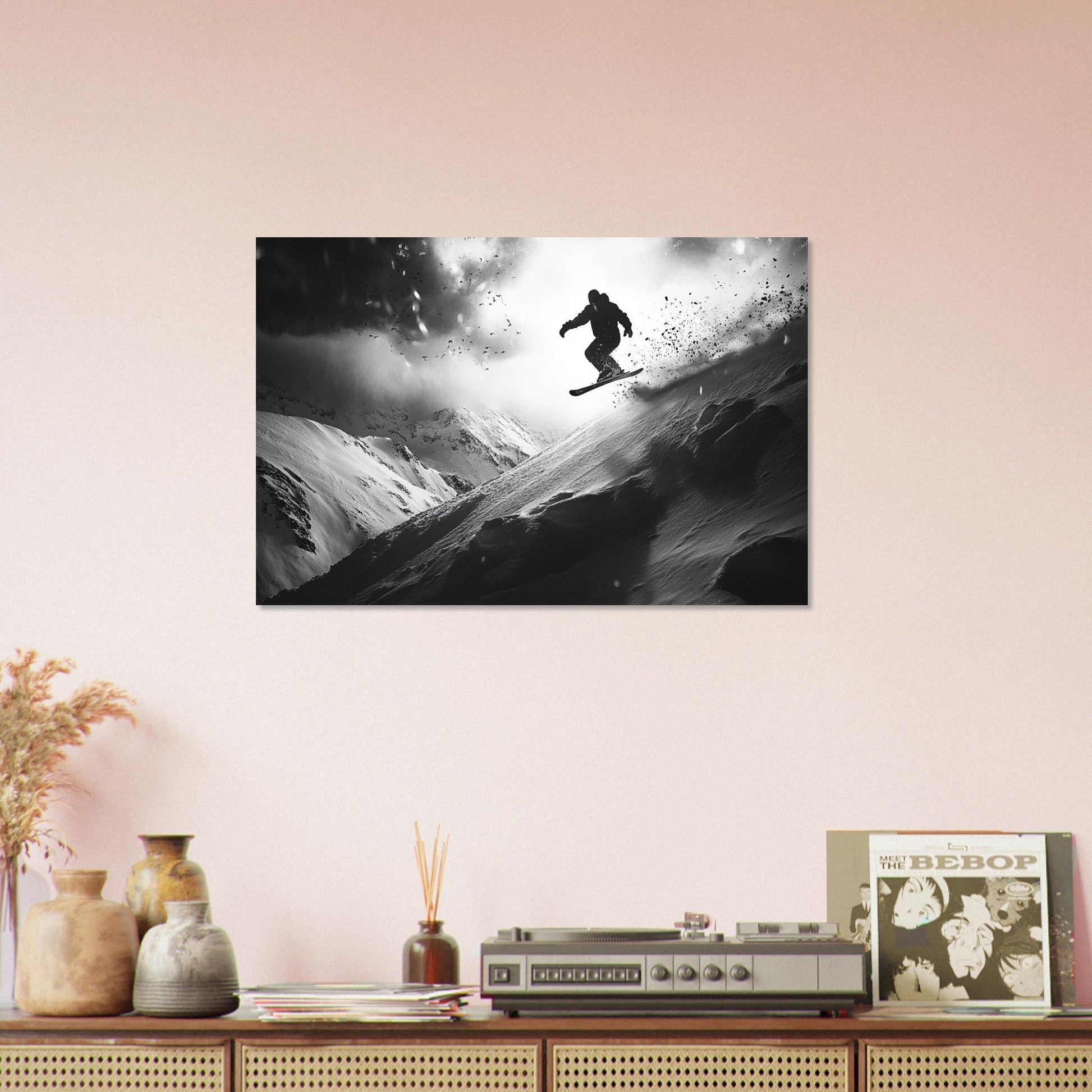 Vente Photo d'un snowboardeur dans la poudre - Noir & Blanc - Tableau photo paysage IA