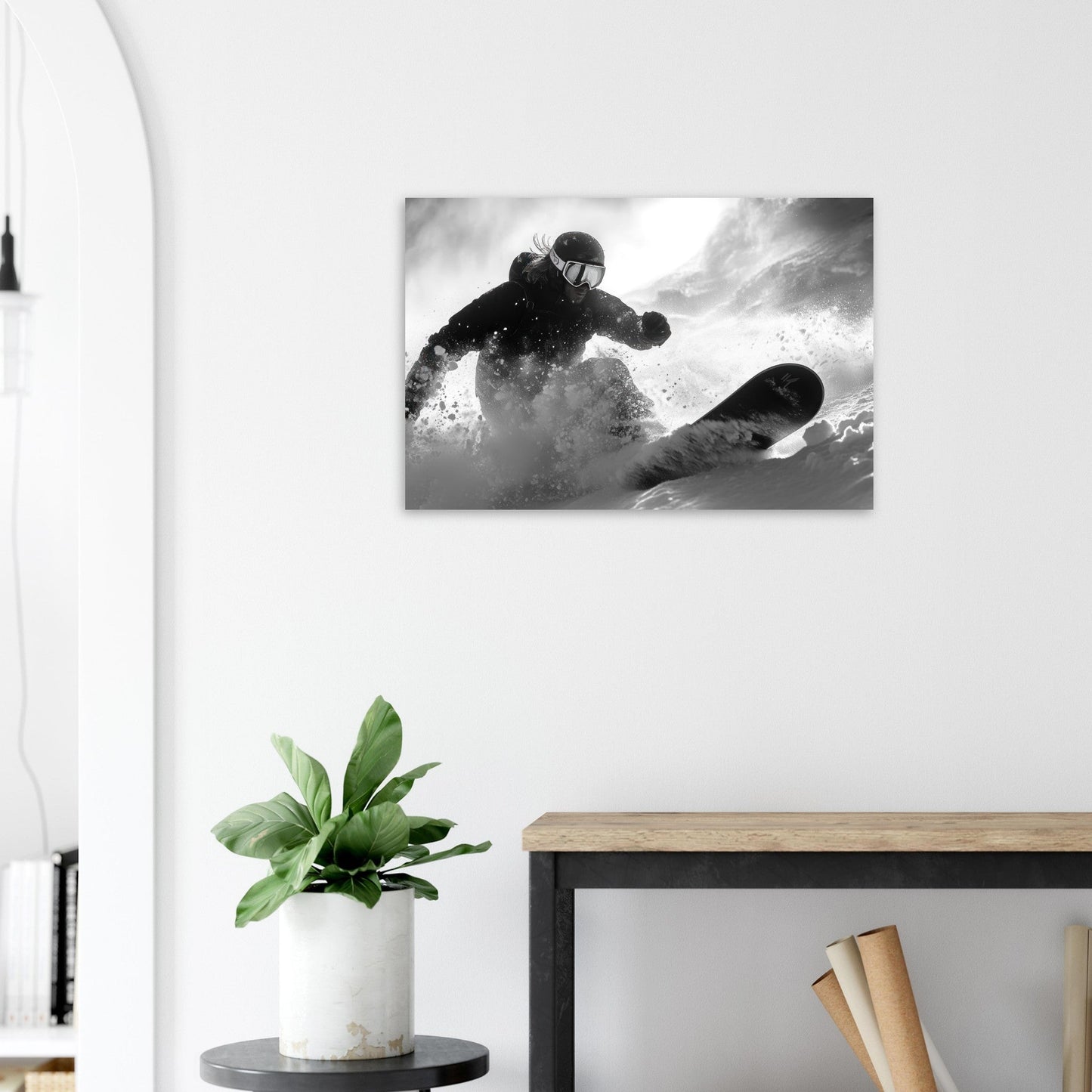 Vente Photo d'un snowboardeur dans la poudre - Noir & Blanc - Tableau photo paysage IA