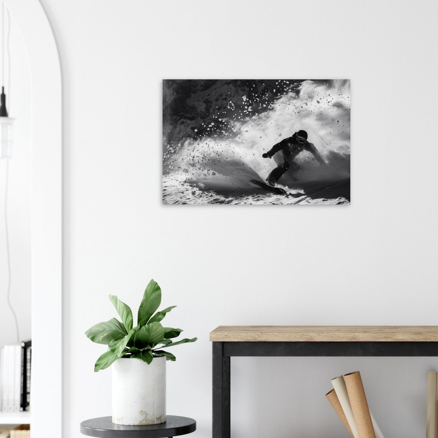 Vente Photo d'un snowboardeur dans la poudre - Noir & Blanc - Tableau photo paysage IA