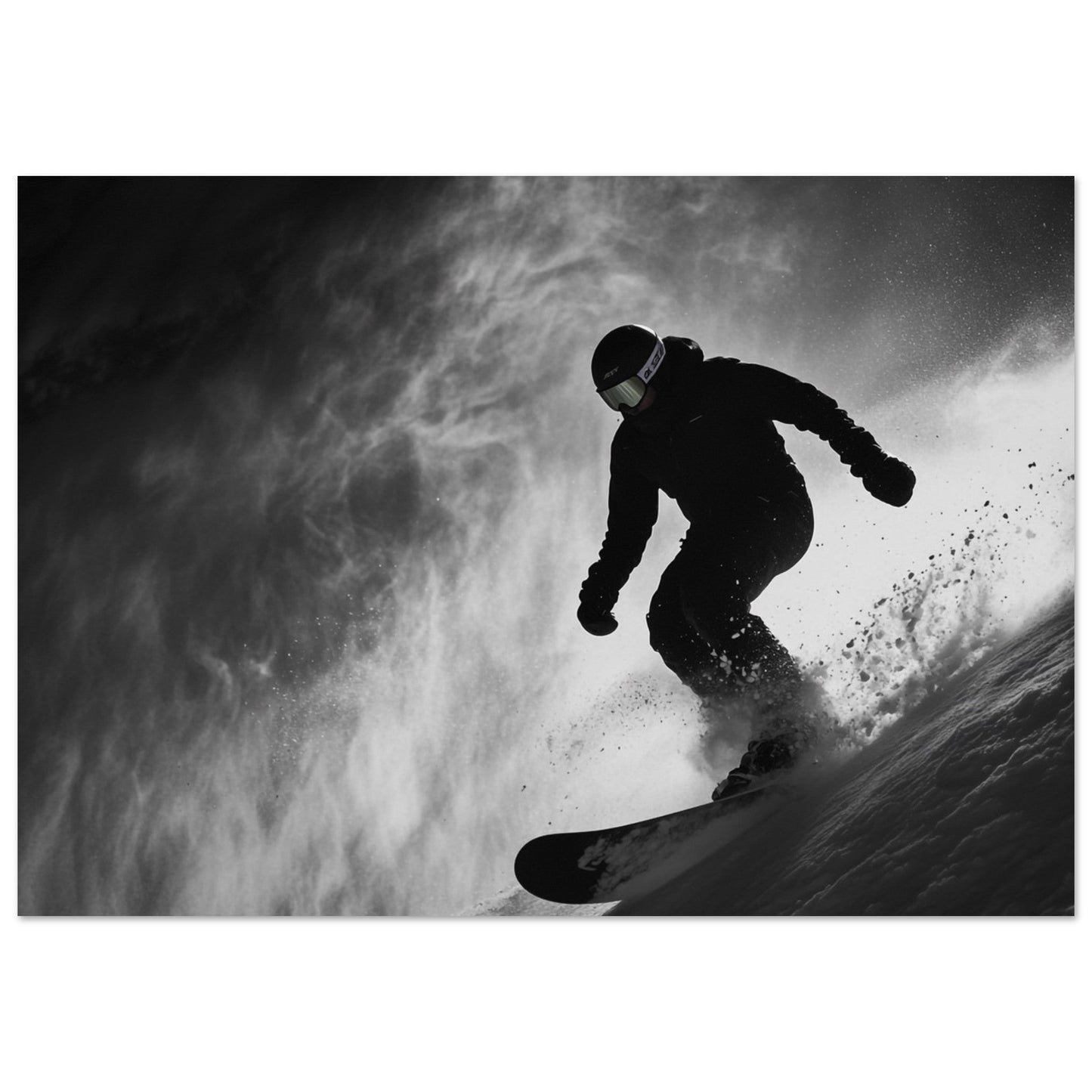 Vente Photo d'un snowboardeur dans la poudre - Noir & Blanc - Tableau photo paysage IA