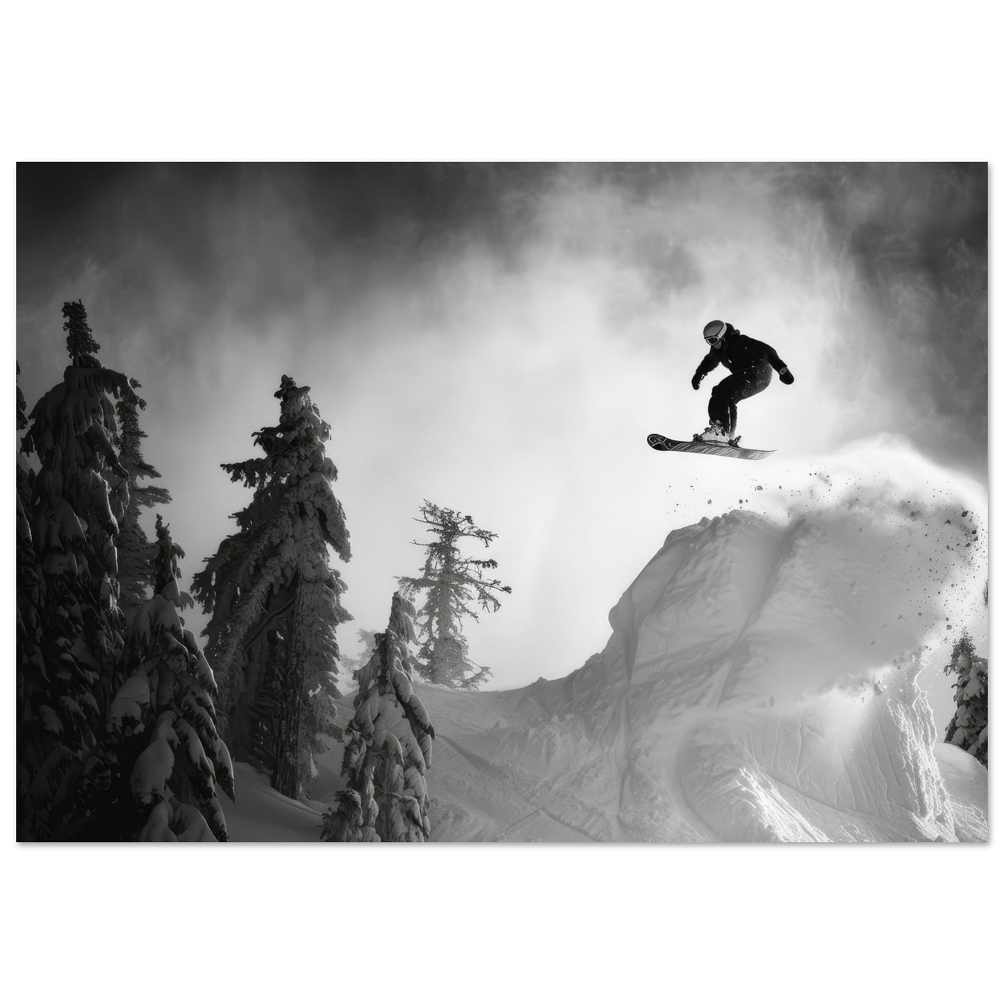 Vente Photo d'un snowboardeur dans la poudre - Noir & Blanc - Tableau photo paysage IA