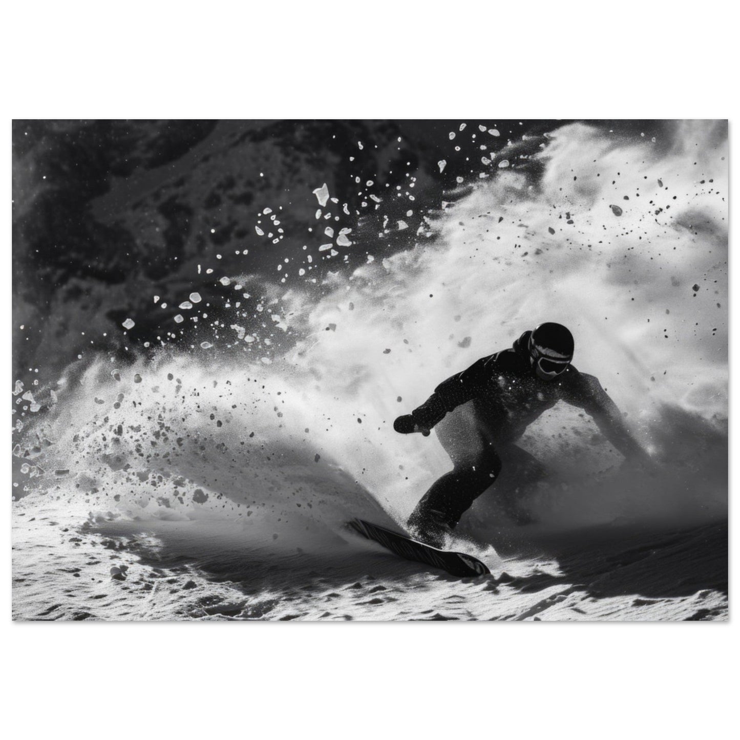 Vente Photo d'un snowboardeur dans la poudre - Noir & Blanc - Tableau photo paysage IA