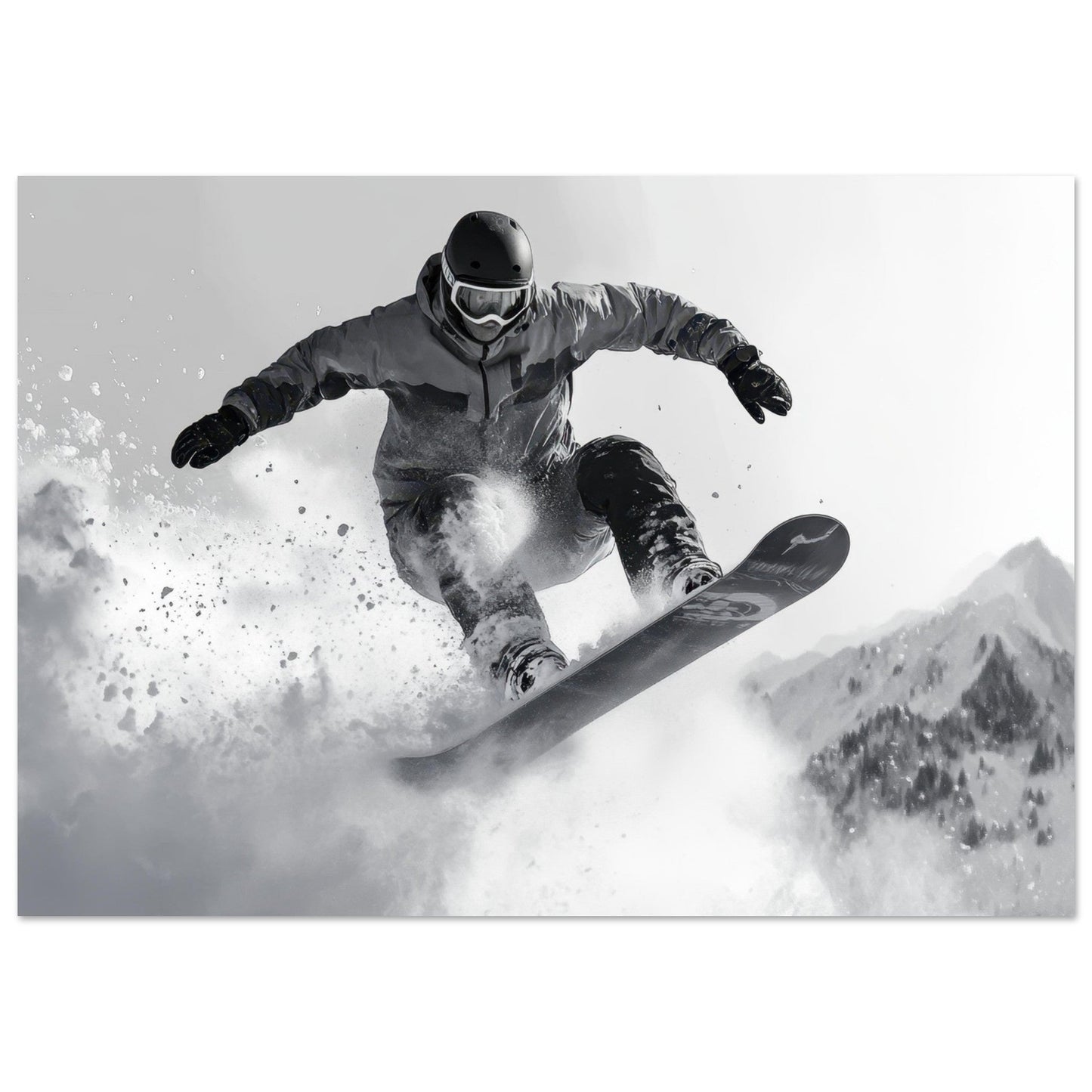 Vente Photo d'un snowboardeur dans la poudre - Noir & Blanc - Tableau photo paysage IA