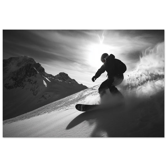 Vente Photo d'un snowboardeur dans la poudre - Noir & Blanc - Tableau photo paysage IA