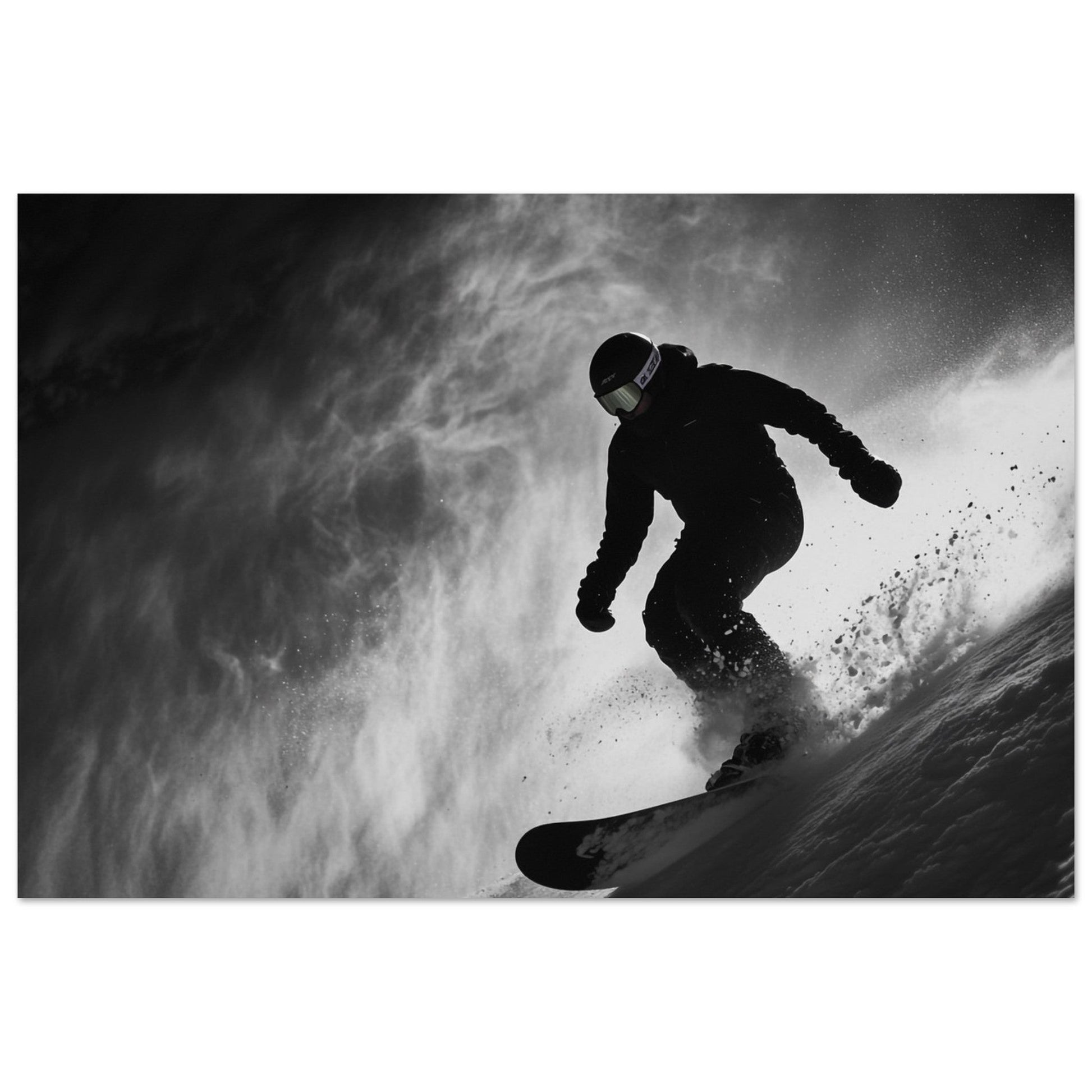 Vente Photo d'un snowboardeur dans la poudre - Noir & Blanc - Tableau photo paysage IA