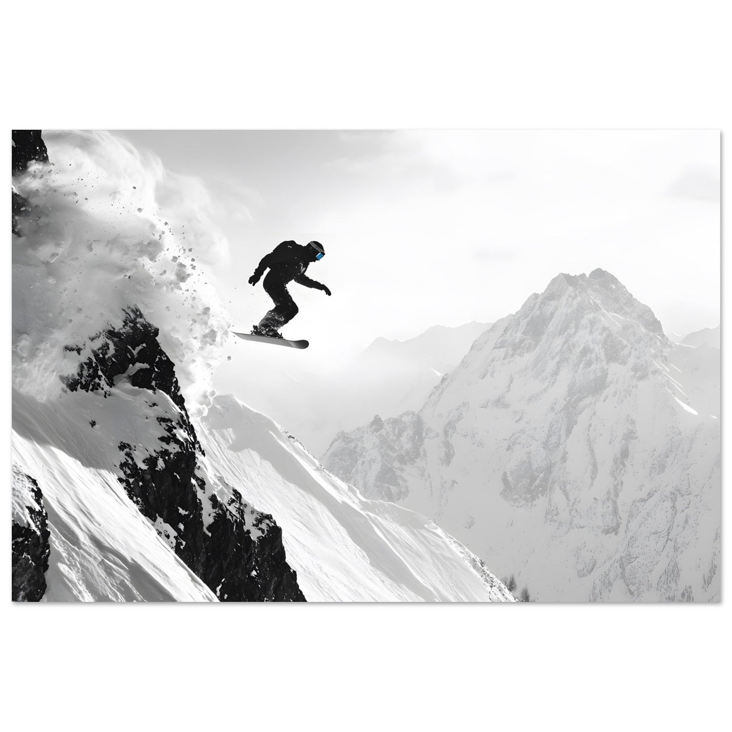 Vente Photo d'un snowboardeur dans la poudre - Noir & Blanc - Tableau photo paysage IA