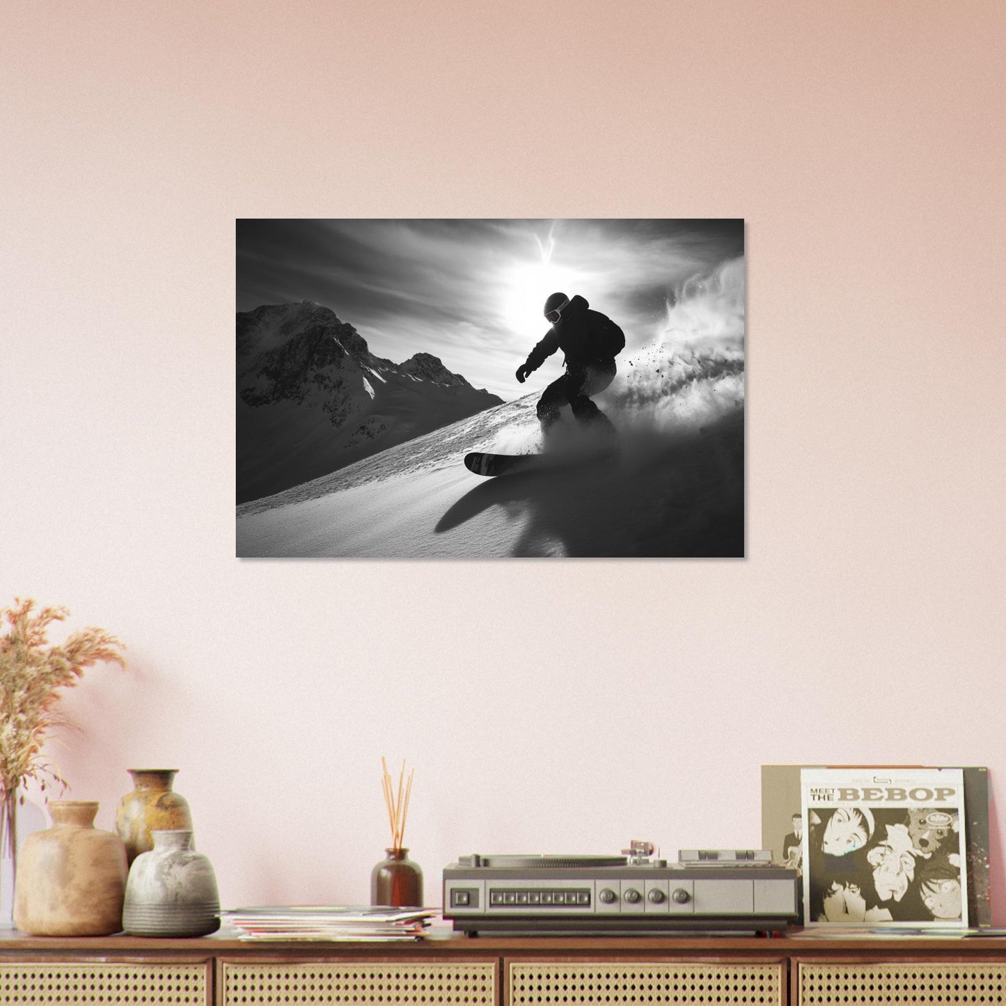 Vente Photo d'un snowboardeur dans la poudre - Noir & Blanc - Tableau photo paysage IA